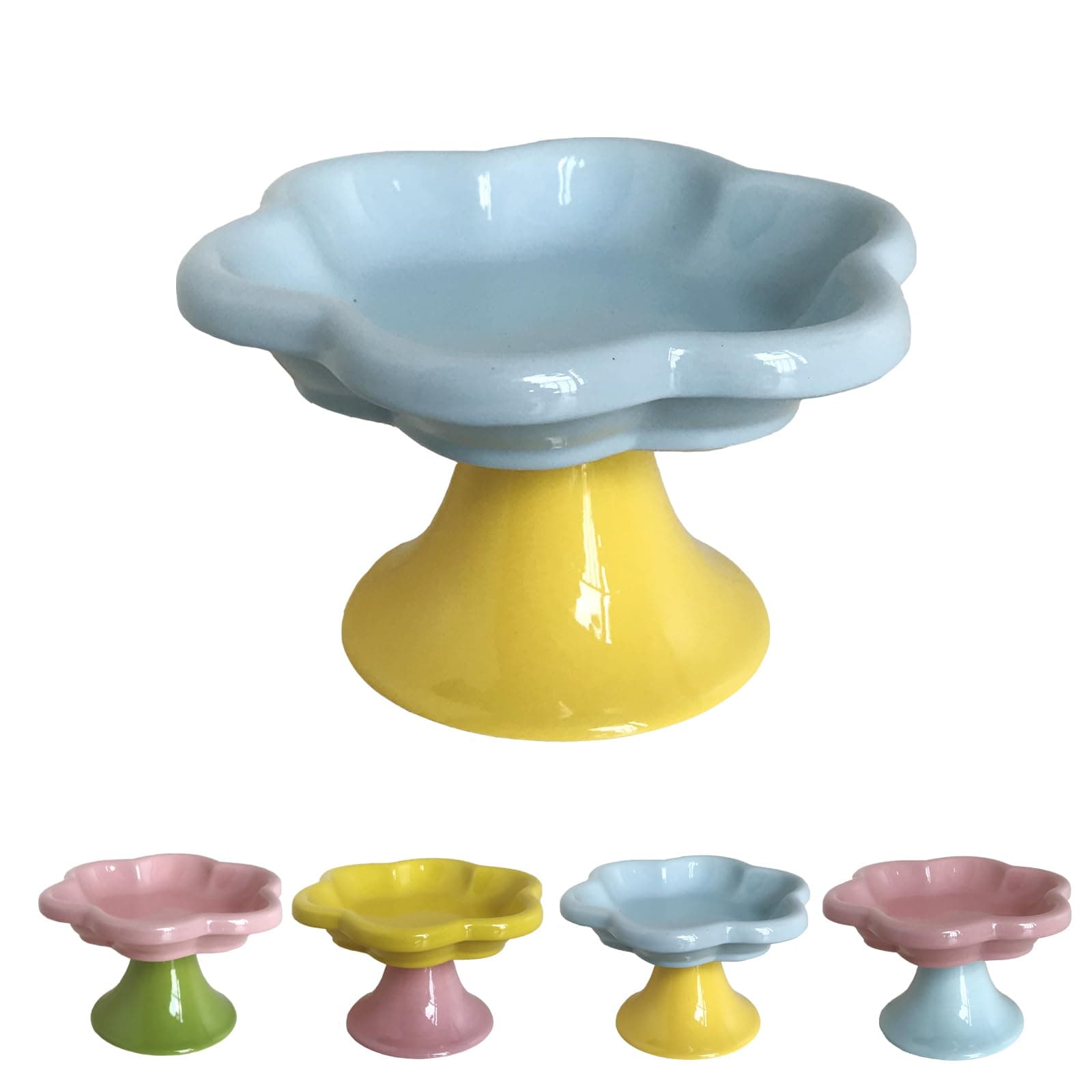 Ceramic Elevated Cat Bowls Flower Dish,Small Raised Dish.Flower Ceramic Raised Bowls for Cats and Small Dogs reducing pet’s Neck Bending and Pressure （Blue Yellow）