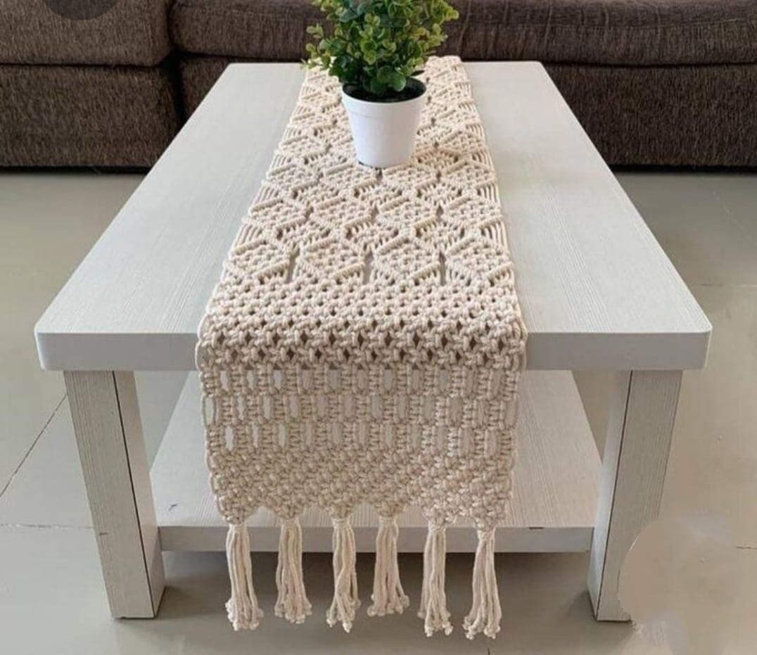 R.R.LALAMacrame Dinning Table Runner | Boho Home Decor | Cotton Table Runner, 14x60 Inches, Off White Color
