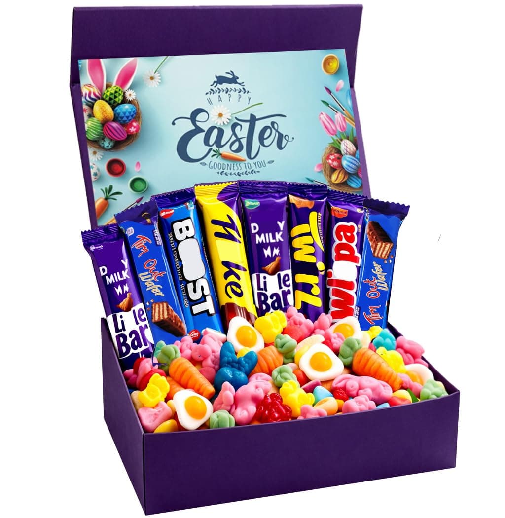 Easter Chocolate Hamper Easter Gift Chocolates Box – 8 Chocolate Bars 300g Easter Sweet Mix in Magnetic Purple Gift Box – Festive Treat Selection for Kids Family Friends