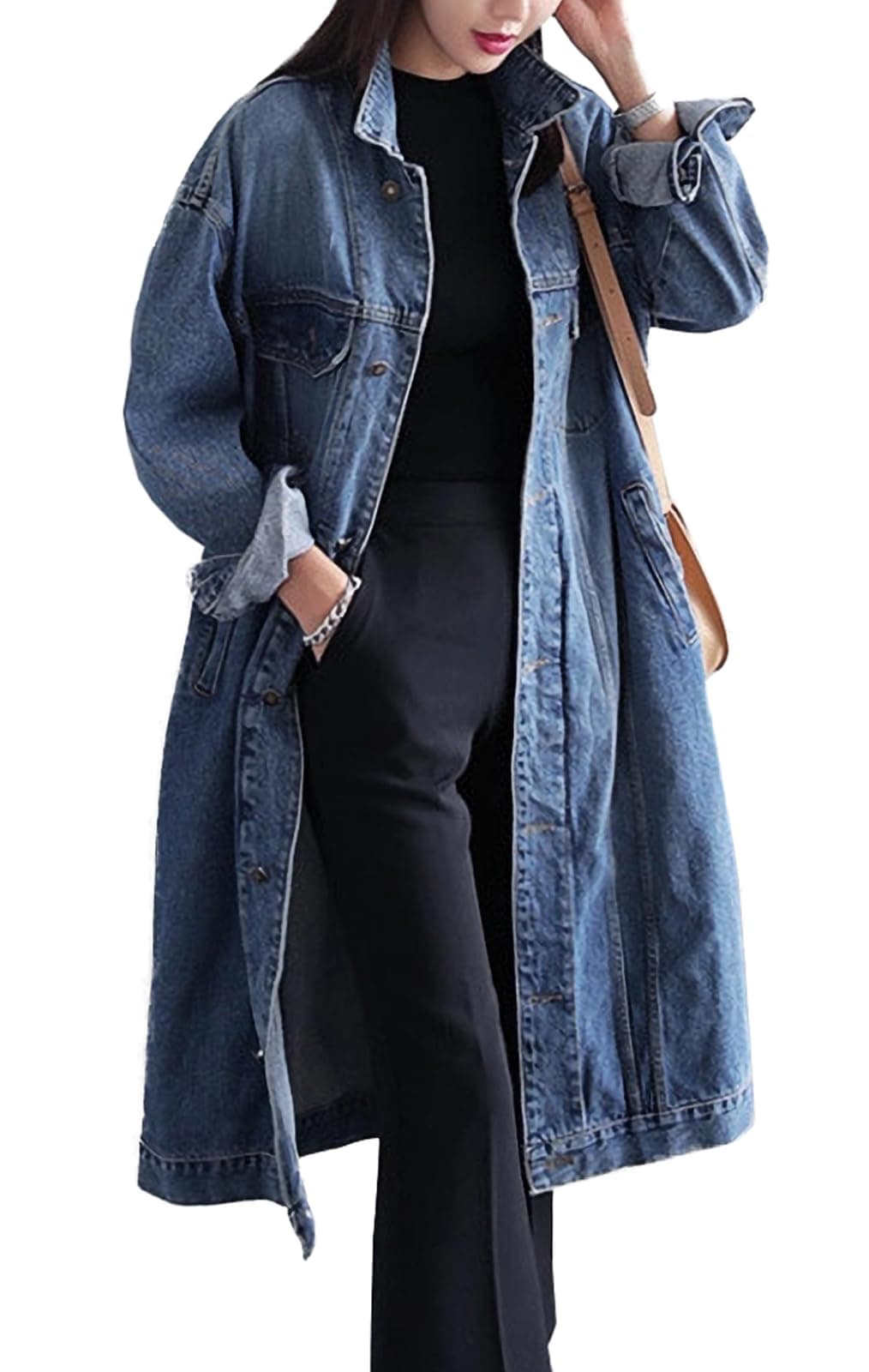 Womens Classic Jean Jacket Plus Size Loose Long Sleeve Button Down Denim Trench Coat