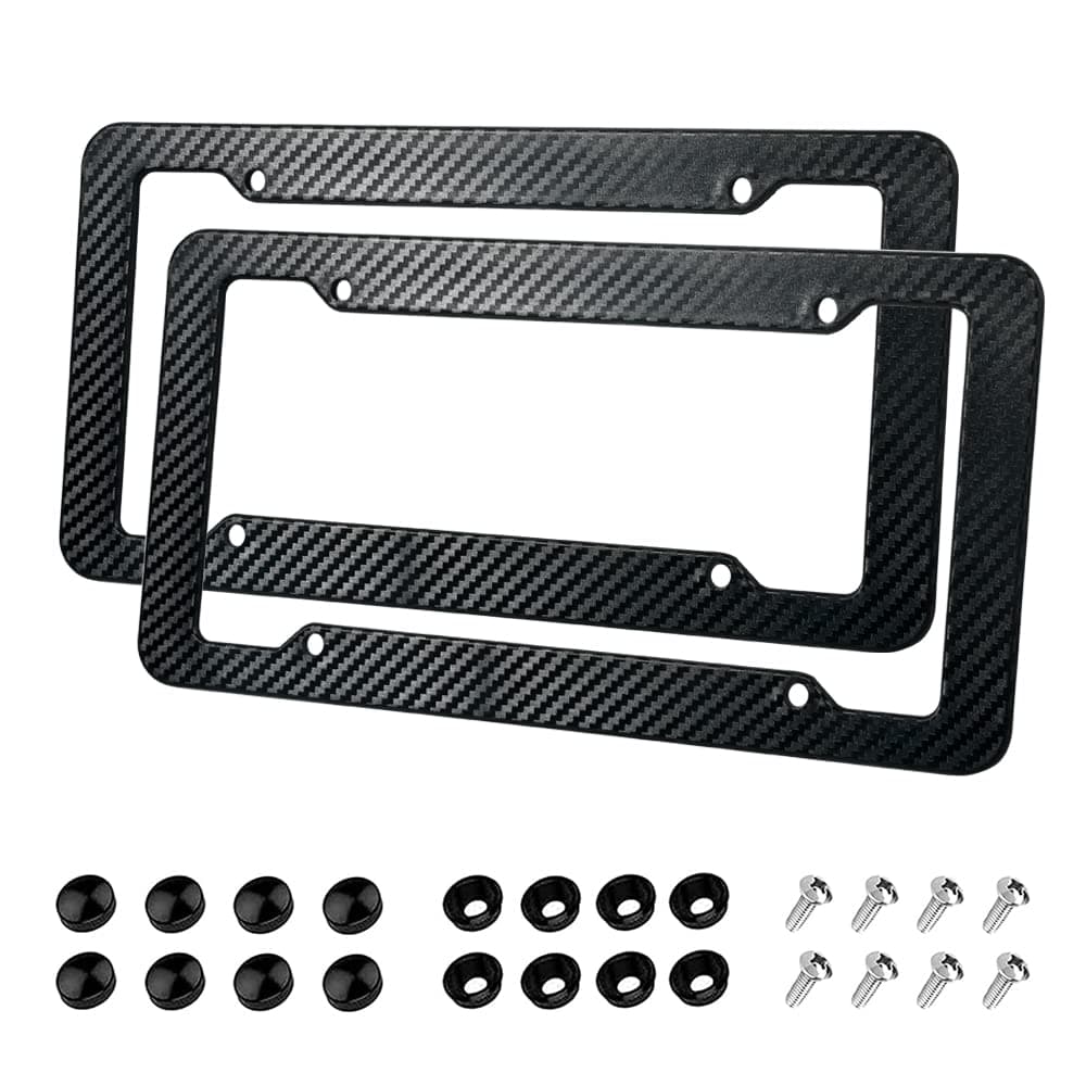 2 Pack License Plate Frames,Carbon Fiber License Plate Frame,Car Tag Cover for Front & Rear with Fasteners and Screws,4 Hole Universal Holder Waterproof Plastic Number Plate Frame
