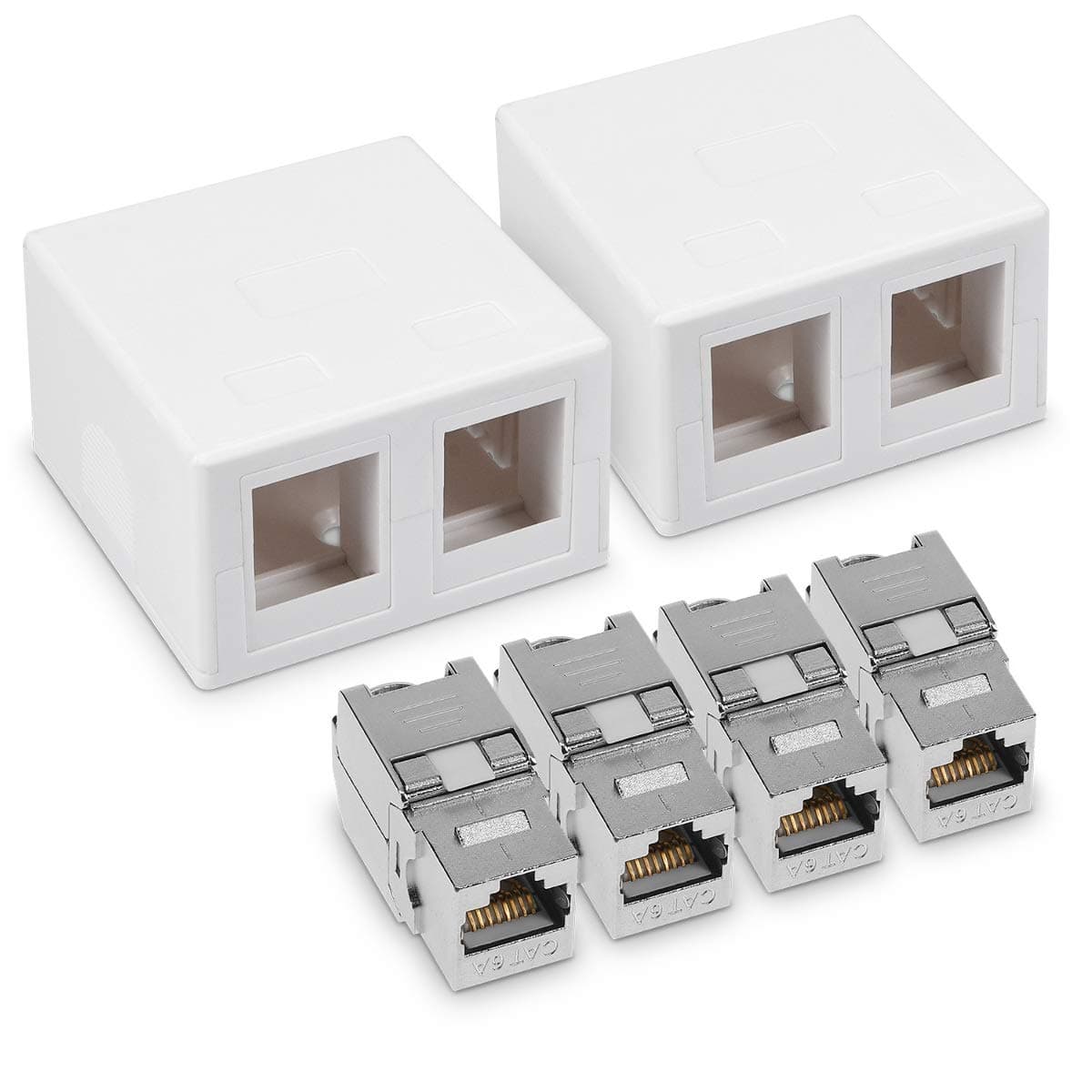 kwmobile 2X RJ45 Network Socket (2 Port) Kit - Shielded Surface Mounted Double Wall Socket with CAT6A Ethernet LAN Cable Port and 4X Keystone Module