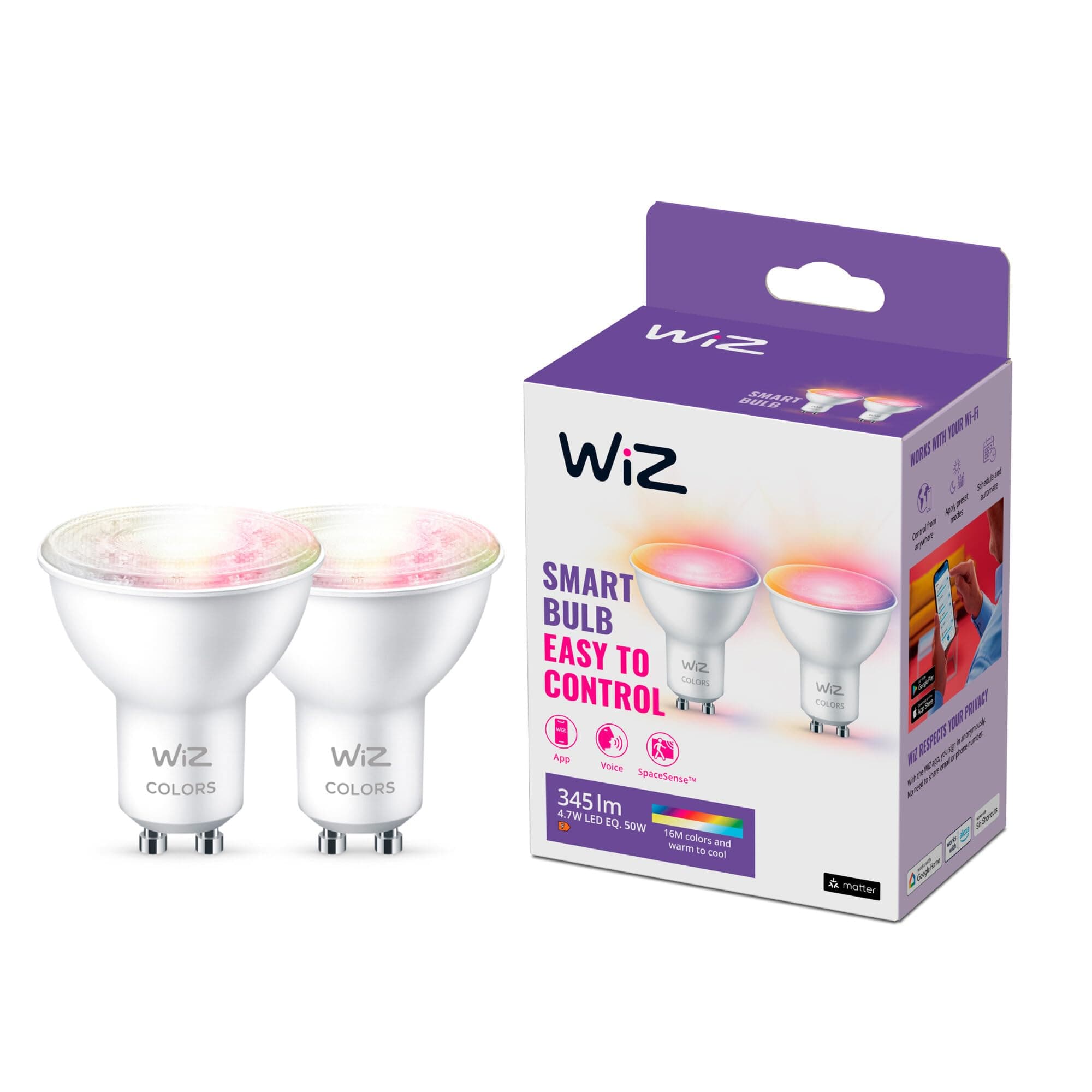 WiZ Colour [GU10 Spot] Smart Connected WiFi Light Bulb 2 Pack. 60W Colour and White Light, App Control for Home Indoor Lighting, Livingroom, Bedroom.