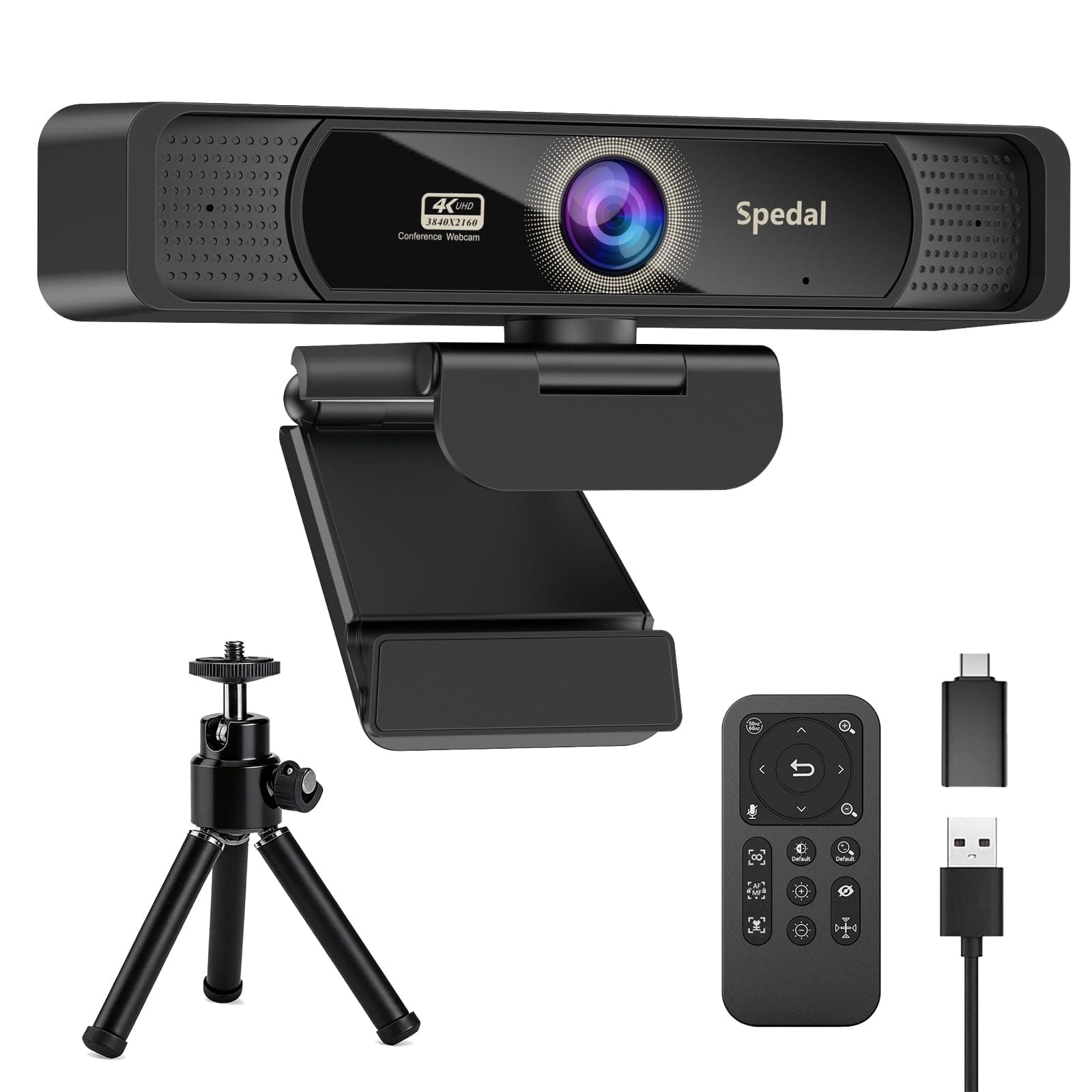Spedal 4K Webcam with Tripod, Wide Angle 120° USB Webcam, Sony 1/2.8" Sensor, Dual Microphones, Remote Control, Auto Focus for Video Conferencing, Online Meetings, Streaming, Zoom & Teams