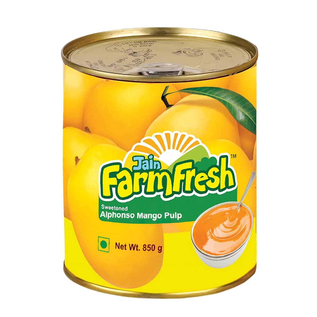 Jain Farm Fresh Alphonso Mango Pulp (Sweetened) Alphanso Pure Mango Pulp/Aamras Tin with No Added Preservative Sweetened-850g