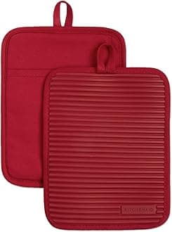 Ribbed Soft Silicone Water Resistant Pot Holder Set, Passion Red, 2 Piece Set