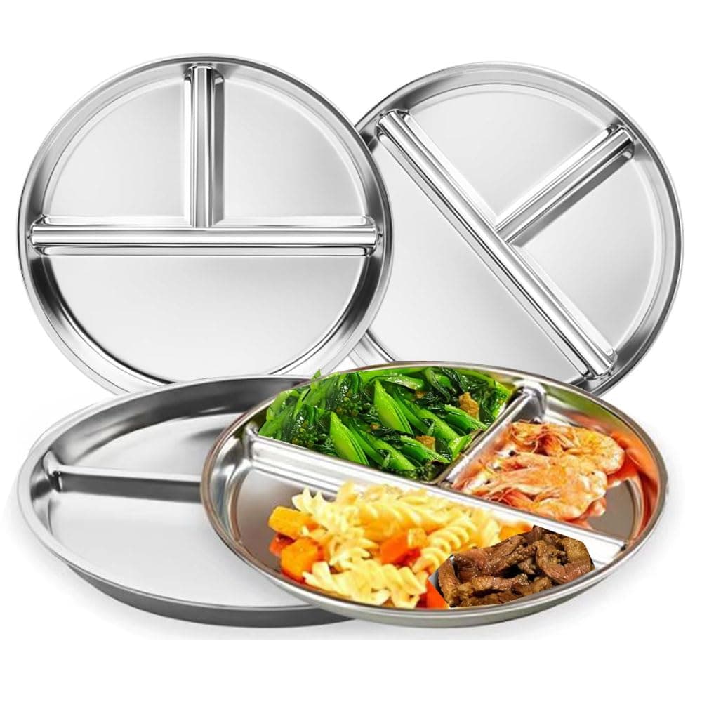 Stainless Steel Plates 2 Packs, 9" Portion Control Platter Divided Plates Suitable for Bariatric Weight Loss, Adults,Dinner Shool Lunch Dishes Picky Eaters Campers picinc, Food Tray, Non Toxic (4)