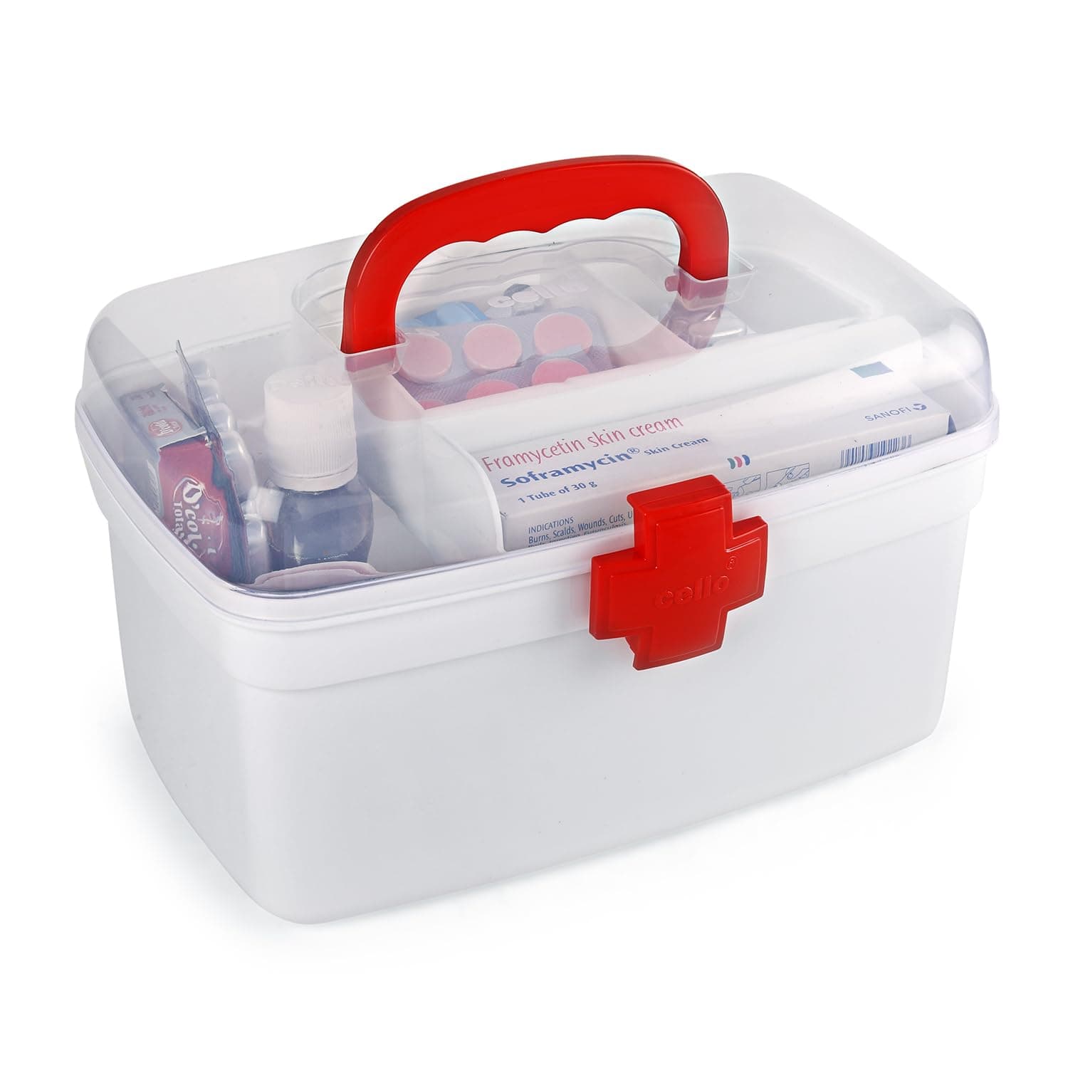Medico First Aid Box Plastic | Tight locking mechanism with comfortable handle | Multi-function box suitable for storing medicines, bandages, ointments and medical tools | White and Red