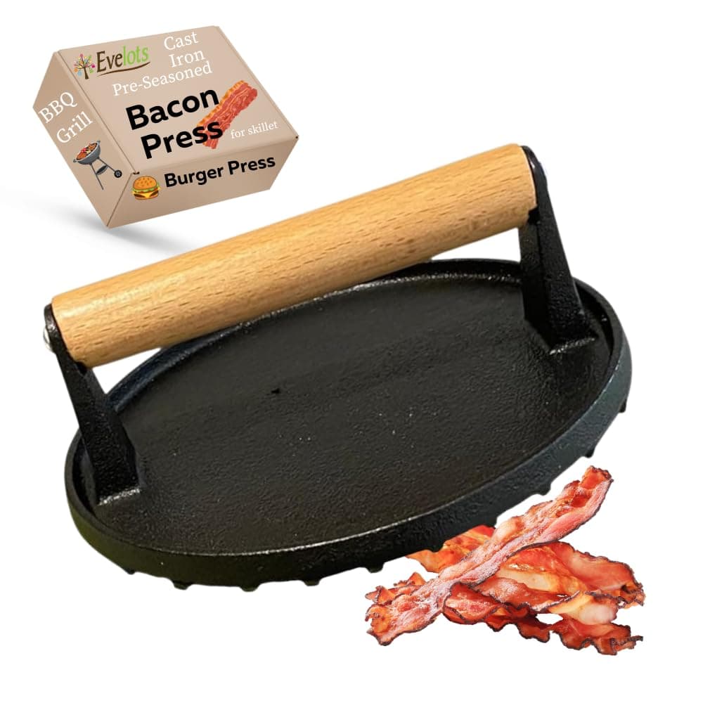 Evelots7-Inch Cast Iron Bacon Press with Wood Handle, Round