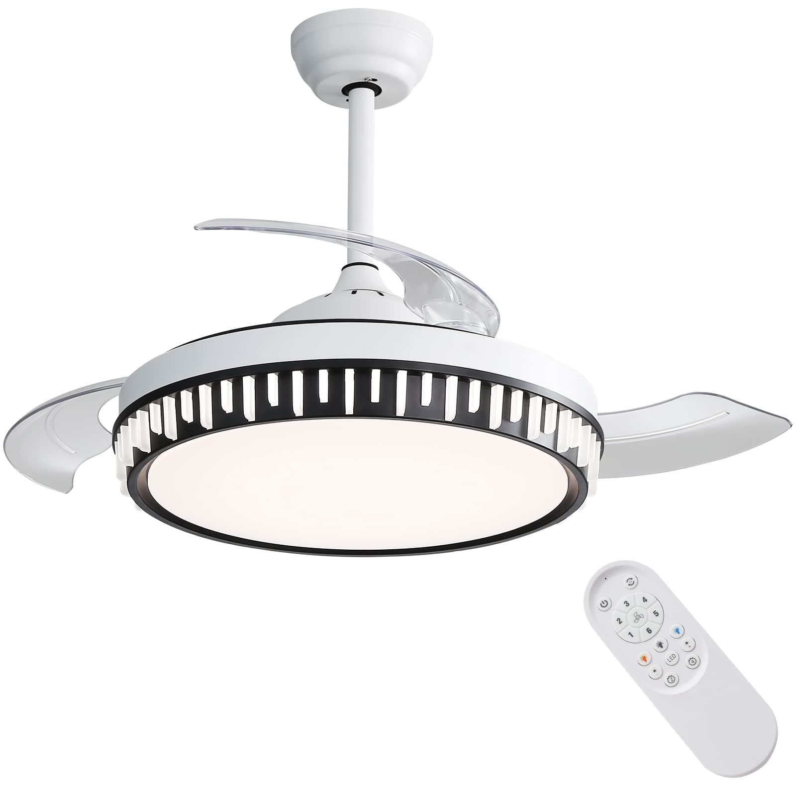 42 Inch Modern Retractable Ceiling Fan with Lights Remote Control, DC Motor, LED, for Bedroom, 3 Invisible Blades Chandelier Ceiling Fans,White