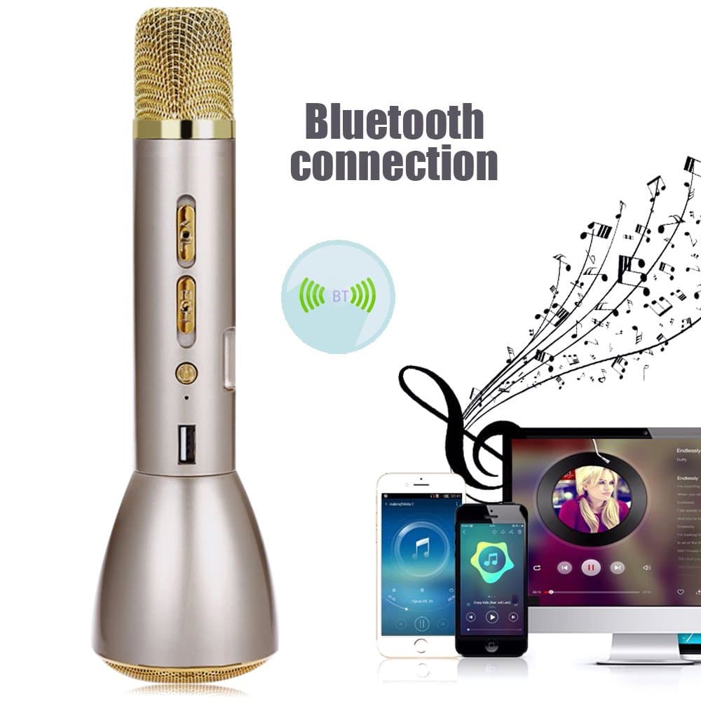 Wireless Bluetooth Microphone POVUMGA Portable Handheld Karaoke Speaker Player Singing Record Compatible with Android Smartphone Pad and Computer for Home/Party/Outdoor(Gold)