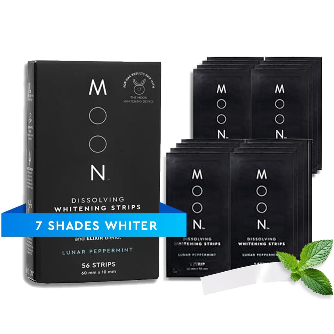 MOON Dissolving Teeth Whitening Strips, 56 No Rinse White Strips, Peppermint, Hydrogen Peroxide & Essential Oils, Whiten Sensitive Teeth up to 7 Shades in 2 Weeks, Travel Essentials, Vegan Oral Care