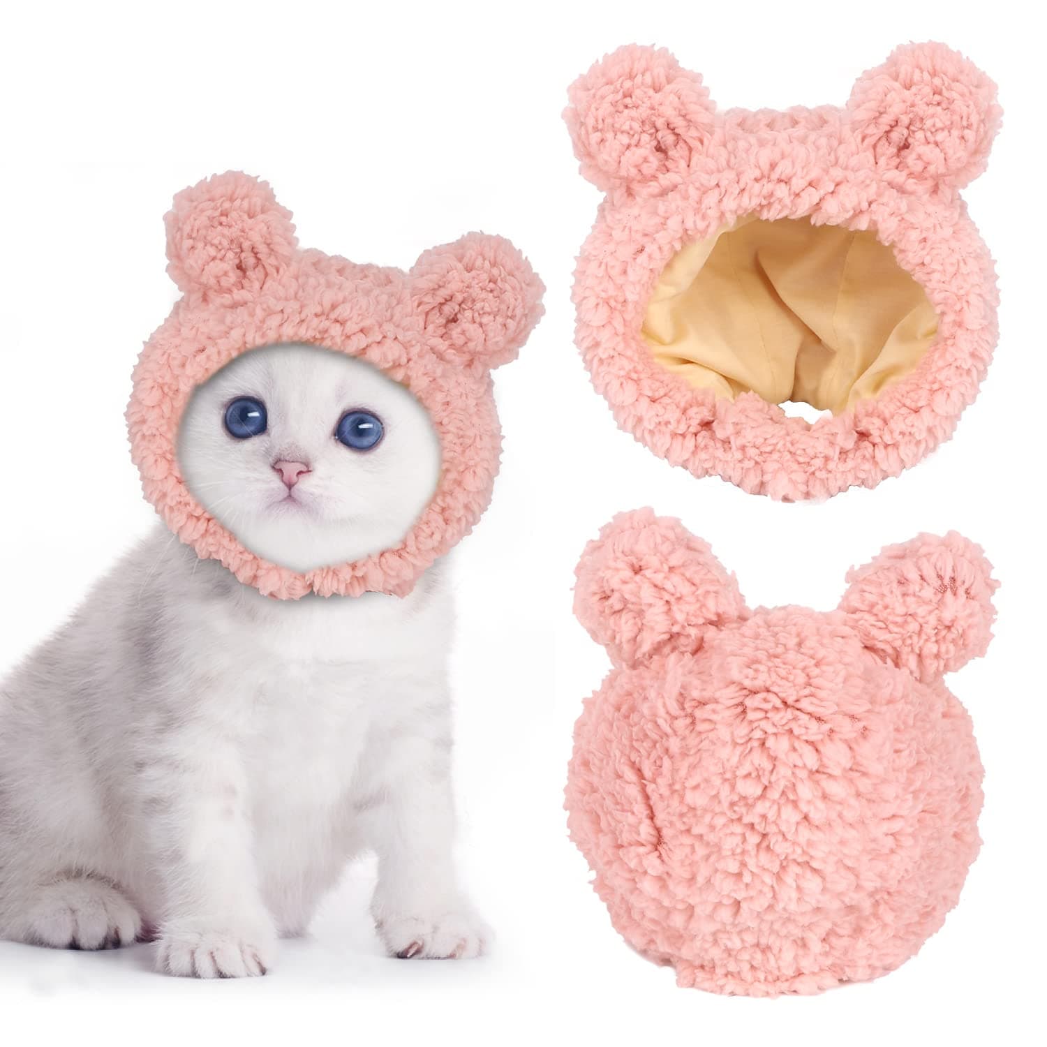 JOICEE Cute Cat Costume Warm Bear Hat for Cat Adjustable Soft Small Pet Headwear Bear Hat for Cat Puppy Dog, Pink, L