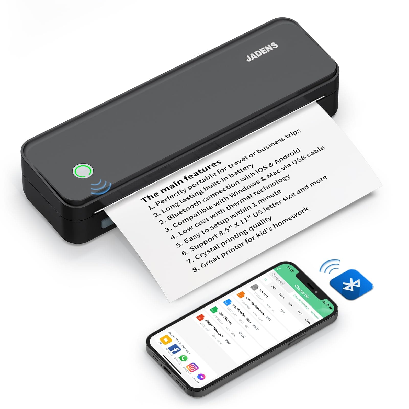 JADENS Bluetooth Thermal Printer, Support 8.5" X 11" US Letter, Portable Printers Wireless for Travel, Inkless Printer Compatible with iOS, Android, Mobile Printer for Home, Office, School