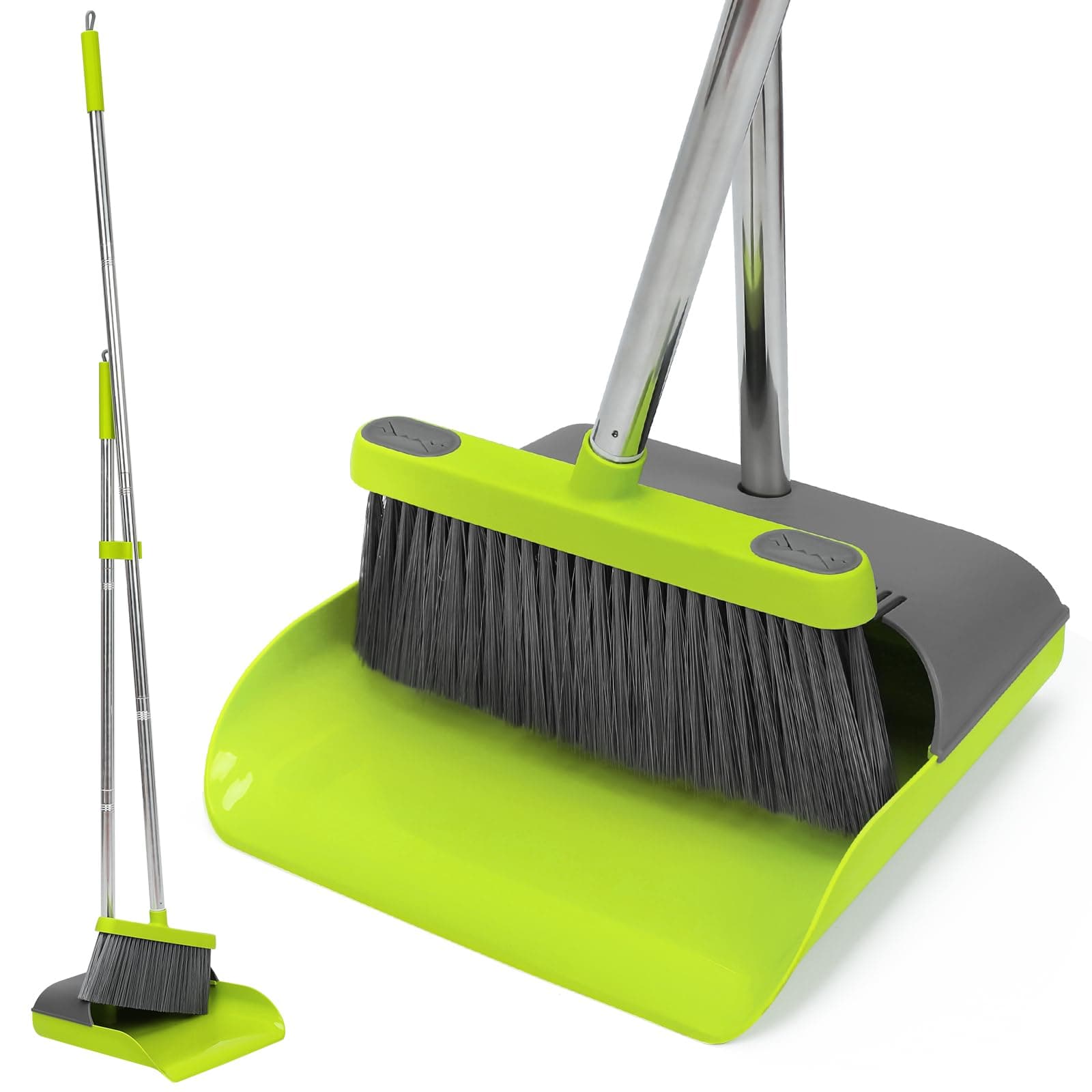 Broom and Standing Dustpan Set 50” Angle Broom with Long Handle Dust Pans for Kitchen Classroom Office Floor Sweeping-Green