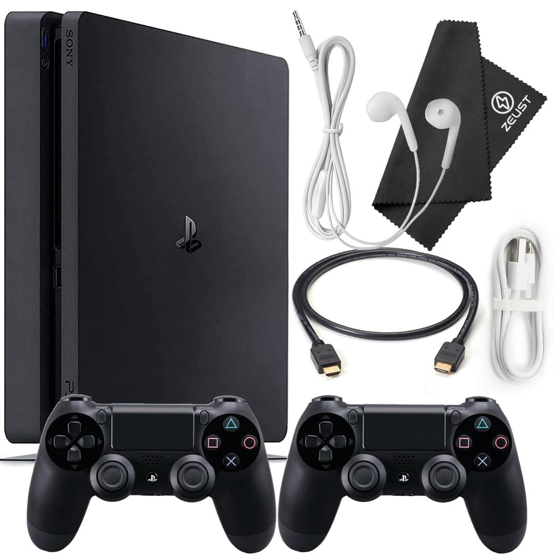 - PlayStation 4 Slim 1TB Console Bundle - Includes the PS4 Console Slim 1TB, 2 Dualshock PS4 Wireless Controllers, MicroUSB Charging Cable, HDMI cable, Wired Earbuds and Microfiber Cloth (Renewed)