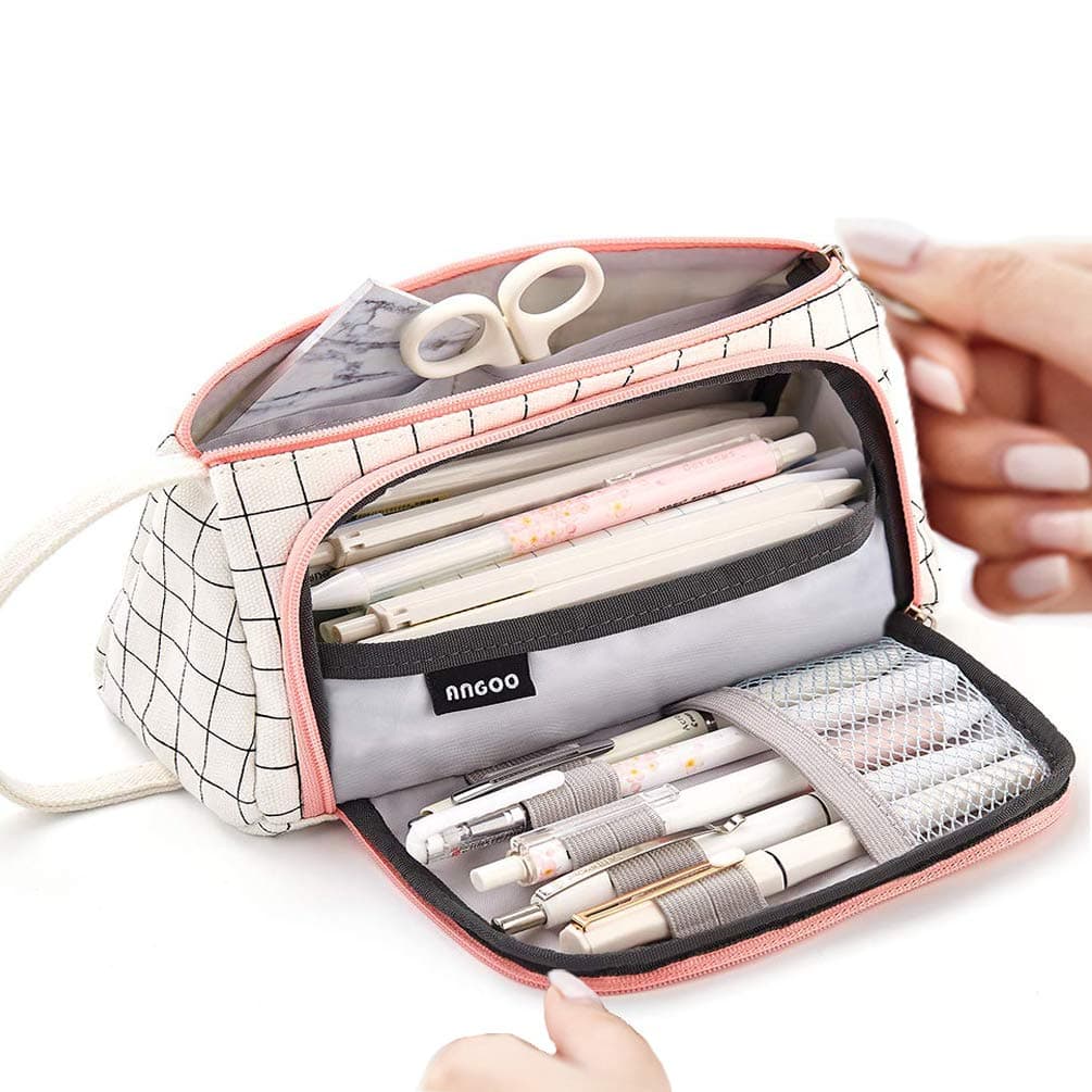 Large Capacity Pencil Case Durable School Student Pen Holder Organizer Stationery Makeup Cosmetic Pouch for Girls,20x11cm (Plaid White)