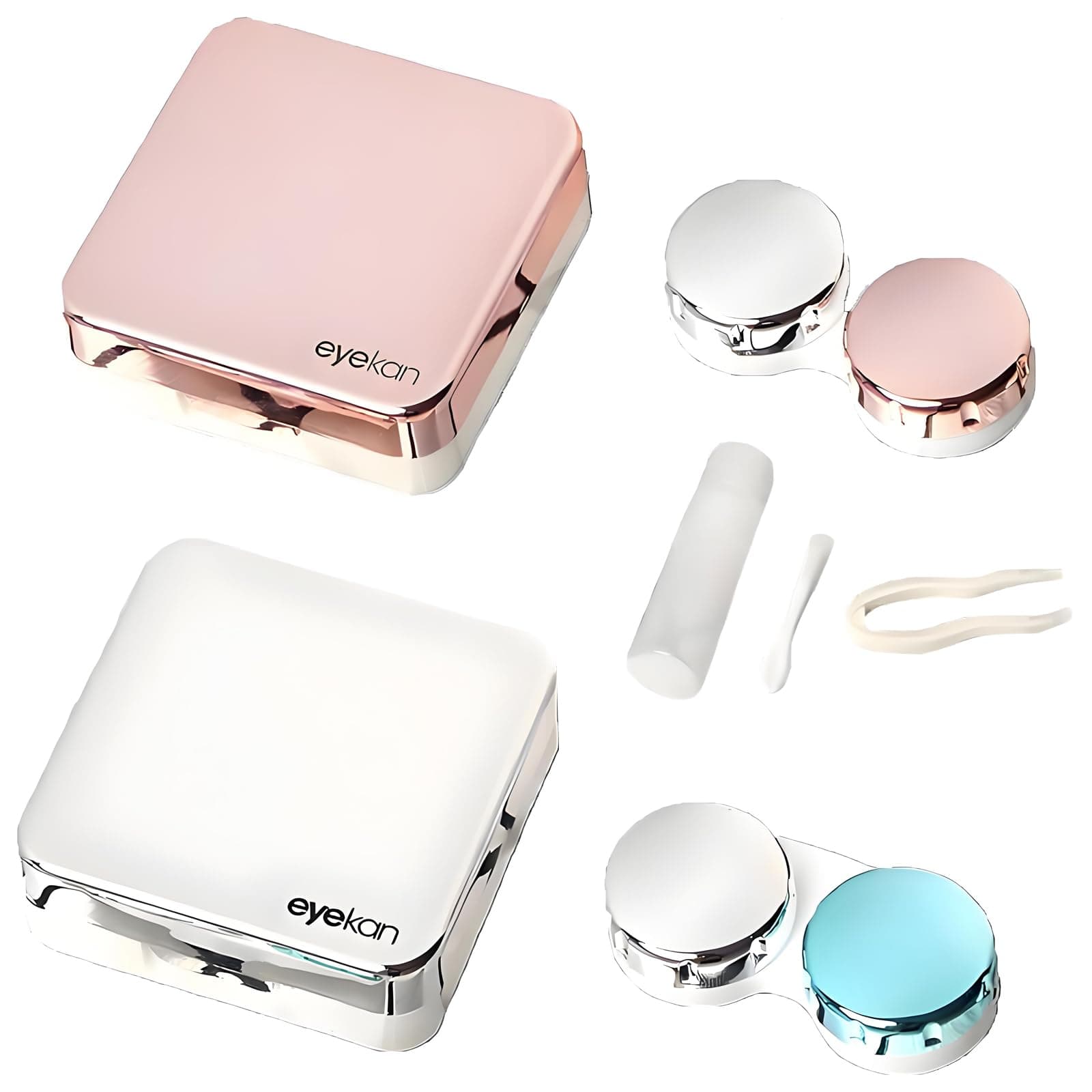Portable Contact Lens Solution Kit, Compact Contact Lens Case with Mirror, Bottle, Tweezers & Holder, Travel-Friendly Lens Box for Contact Lenses, 2-Pack in Rose Gold & Silver