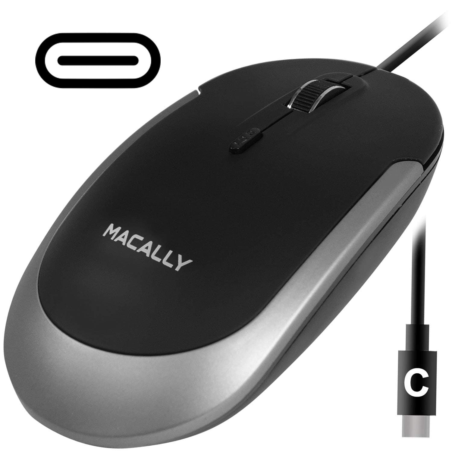 Macally Silent USB Type C Mouse Wired for Apple Mac & Windows PC Laptop/Desktop Computer | Slim & Compact Mice Design & Optical Sensor & DPI Switch 800/1200/1600/2400 | Small for Easy Travel (Black)