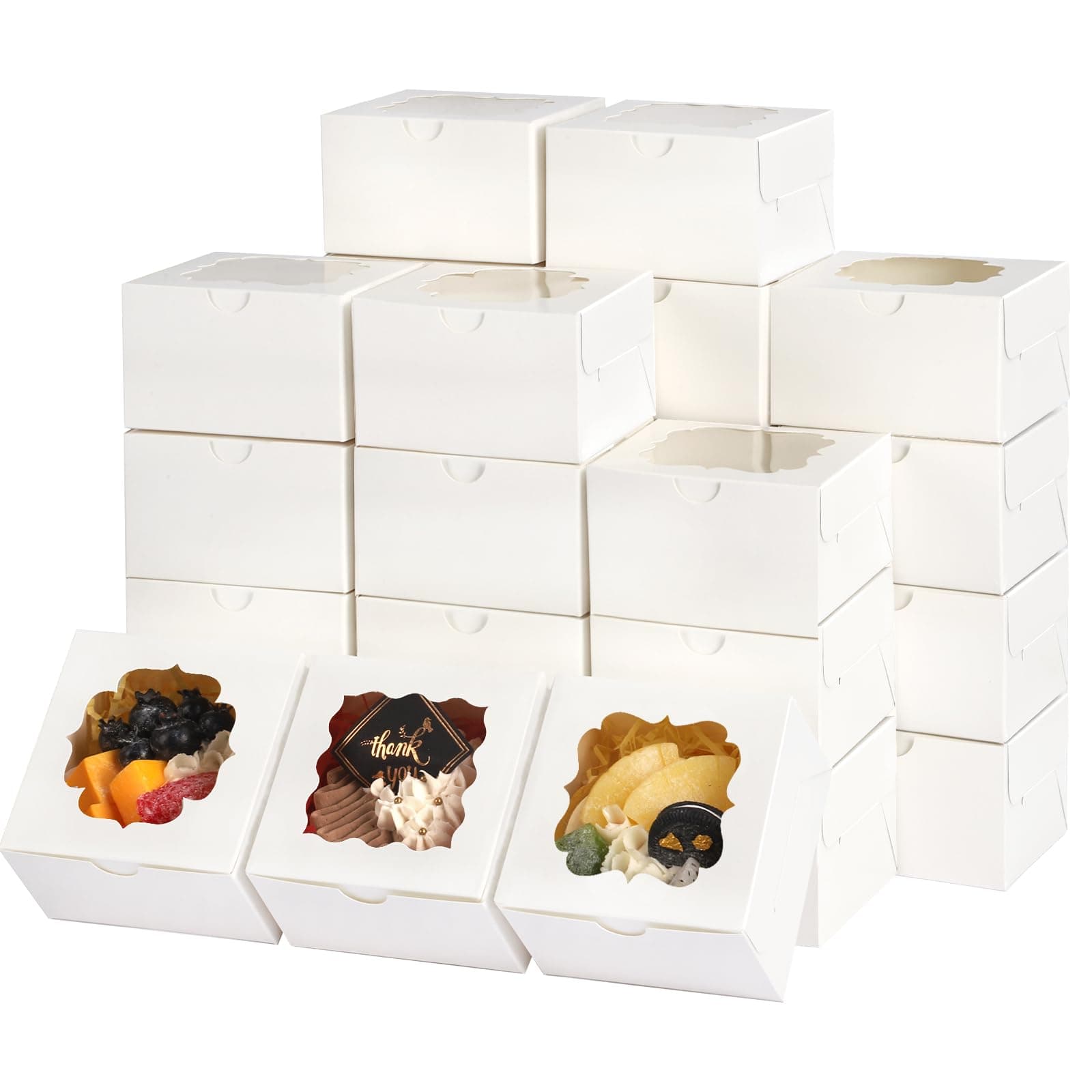 TOMNK 150pcs White Small Cookie Boxes with Window,4x4x2.5 Inch Small Bakery Boxes, 3 Style, Cookie Boxes Bulk for Dessert, Chocolate Strawberries Donuts and Party Favor