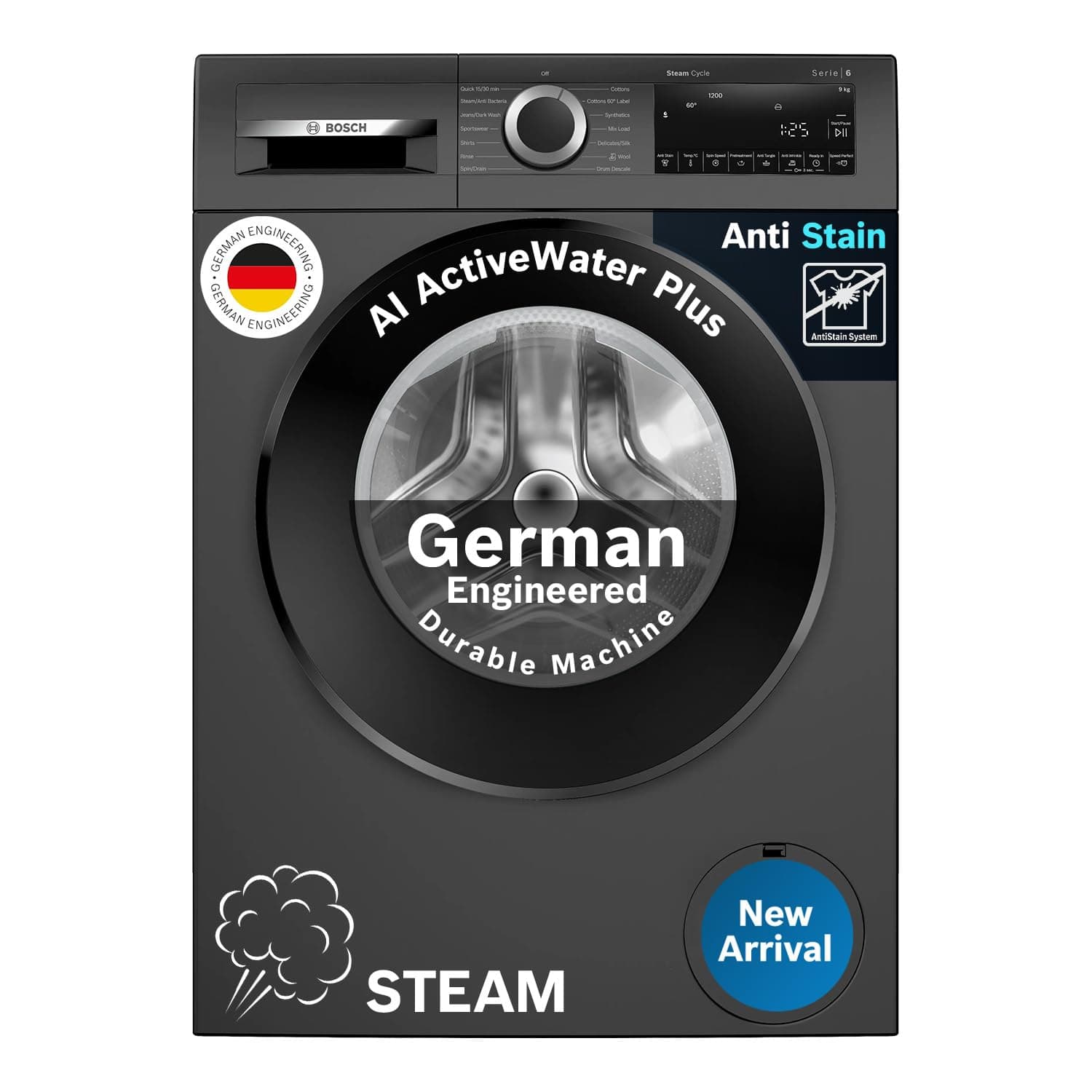 9 kg 5 Star Front Load Fully-Automatic Washing Machine, AI ActiveWater, 14 Wash Programs, Removes 99.9% Germs with Steam, No Tangle or Wrinkle, SoftCare Paddle, Black Grey, WGA1420TIN