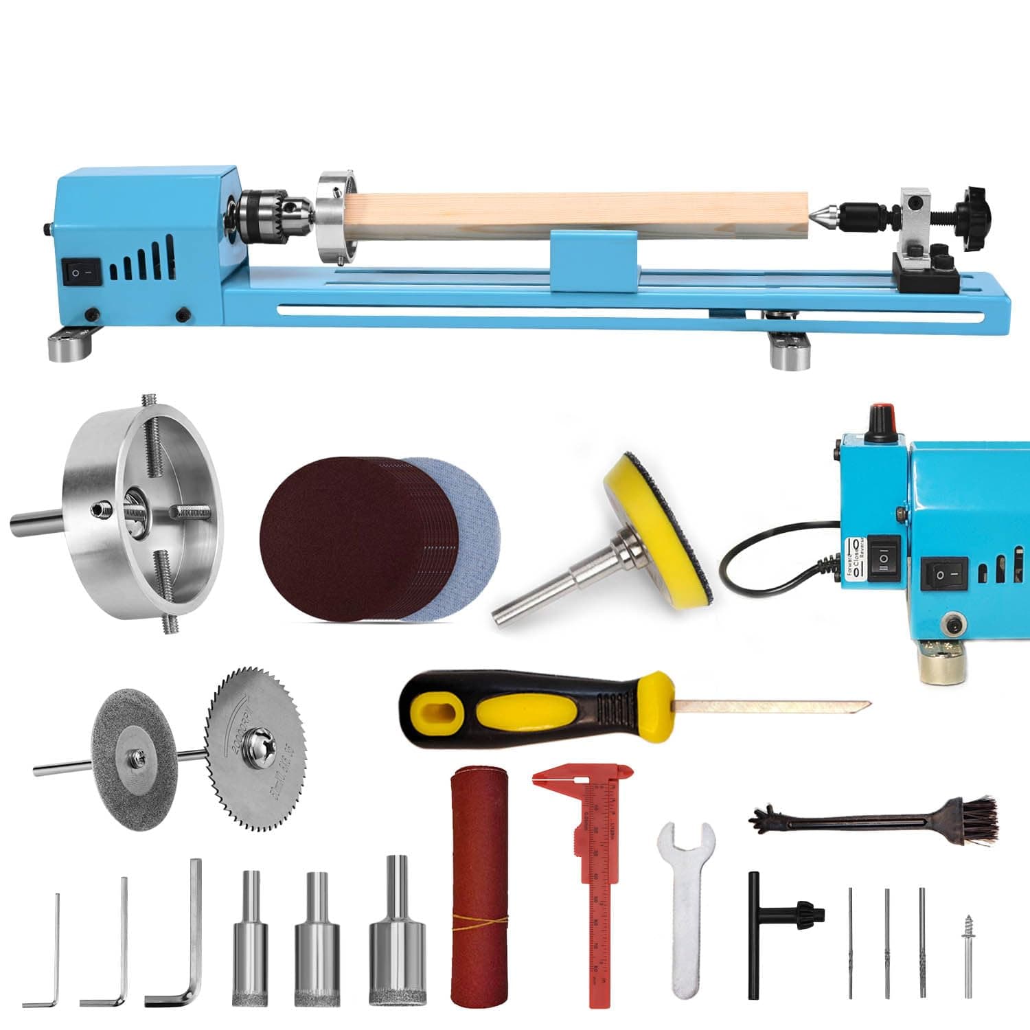 Mini Wood Lathe Machine Multi-Purpose Upgraded And Lengthened Processing Diameter 11inch Support Turning Cutting Sanding Polishing Wood, Upgraded infinite speed control