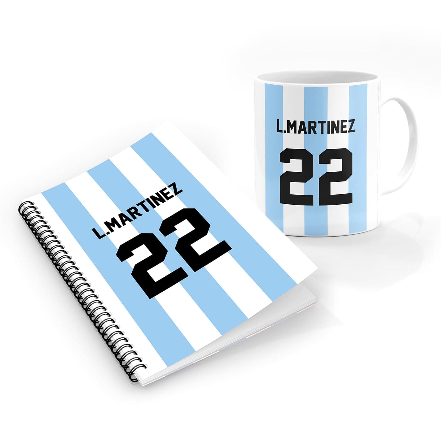 Stylizedd Designer Printed Coffee Mug + A5 Spiral Notebook Memo Notepad Journal Personalised Combo Gift Set - Football Team - Argentina, Player Name - L.Martinez