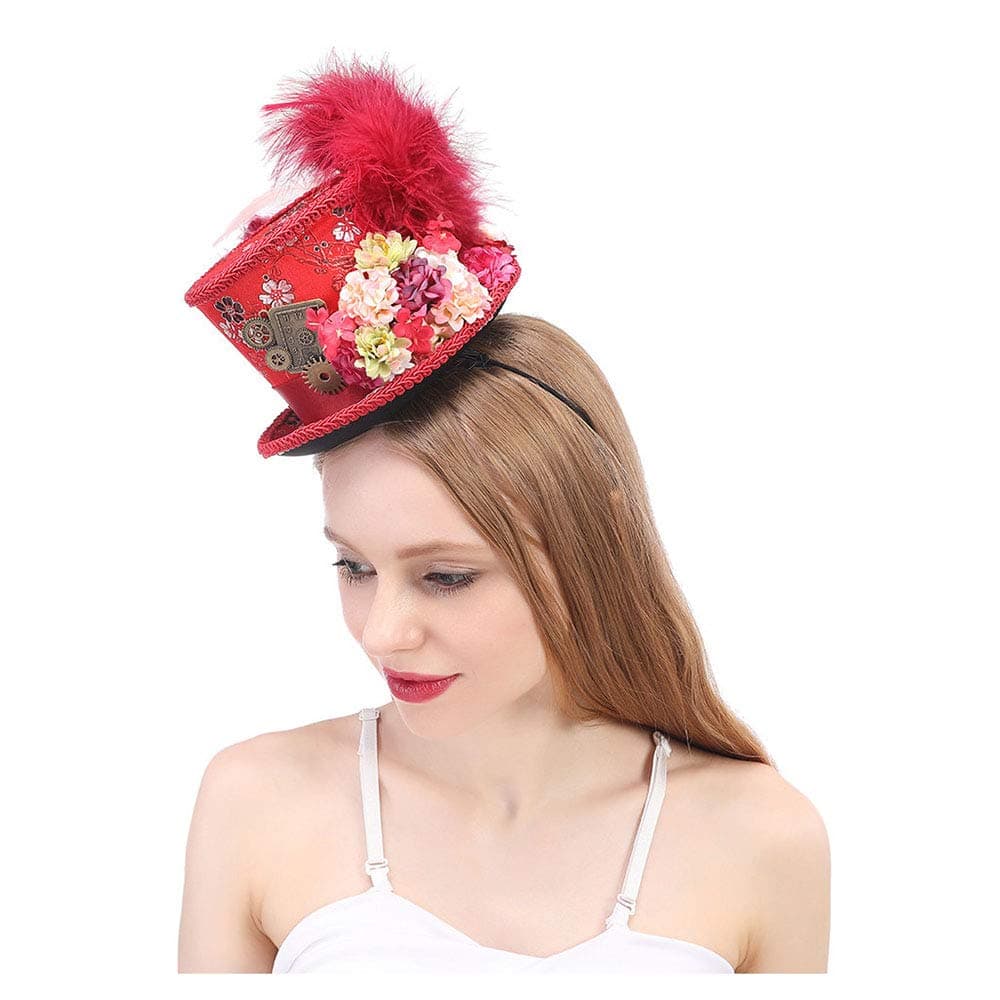 ASDFFG Mini Top Hat Mini Top Hat, Antique Red and Ivory Tea Cup hat Mad Hatter Hat, Tea Hat,Mad Hatter Tea Party (Color : Red, Size : 25-30cm)