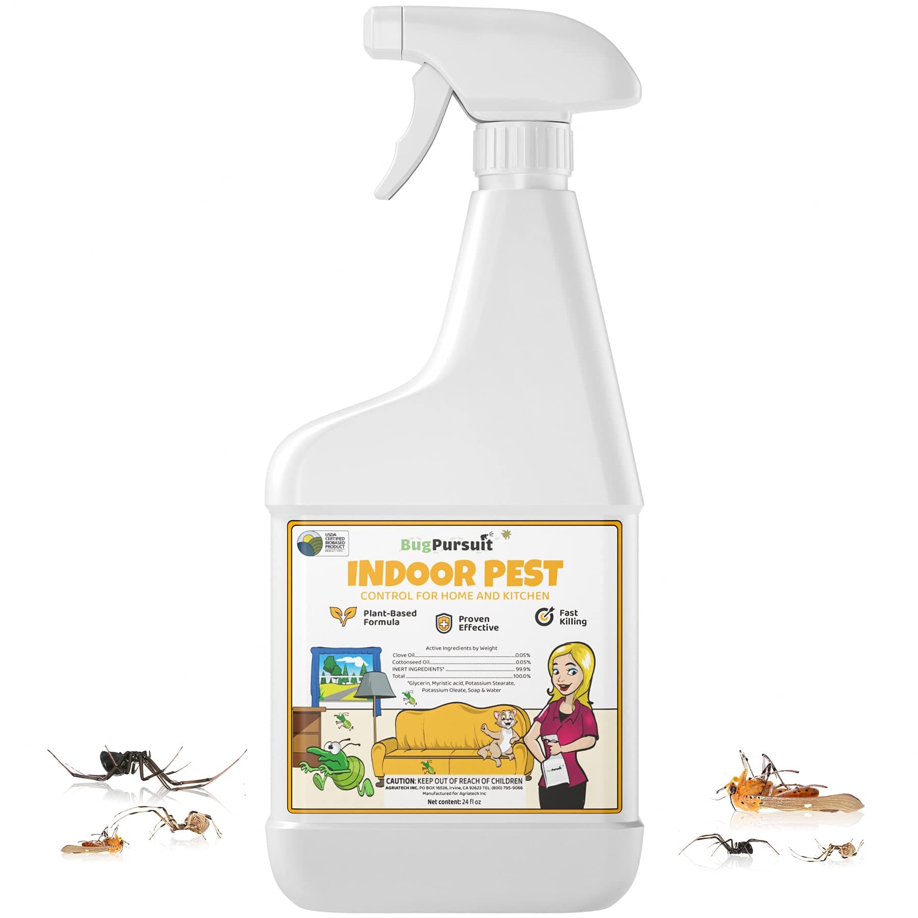 - BugPursuit Indoor Pest Control Spray 24oz for Home and Kitchen –Bug Killer & Insect Repellent, Kills Carpet Beetles, Ants, Spiders, Beg Bugs, Roaches, Flea & Tick- Non Staining-Child and Pet Safe