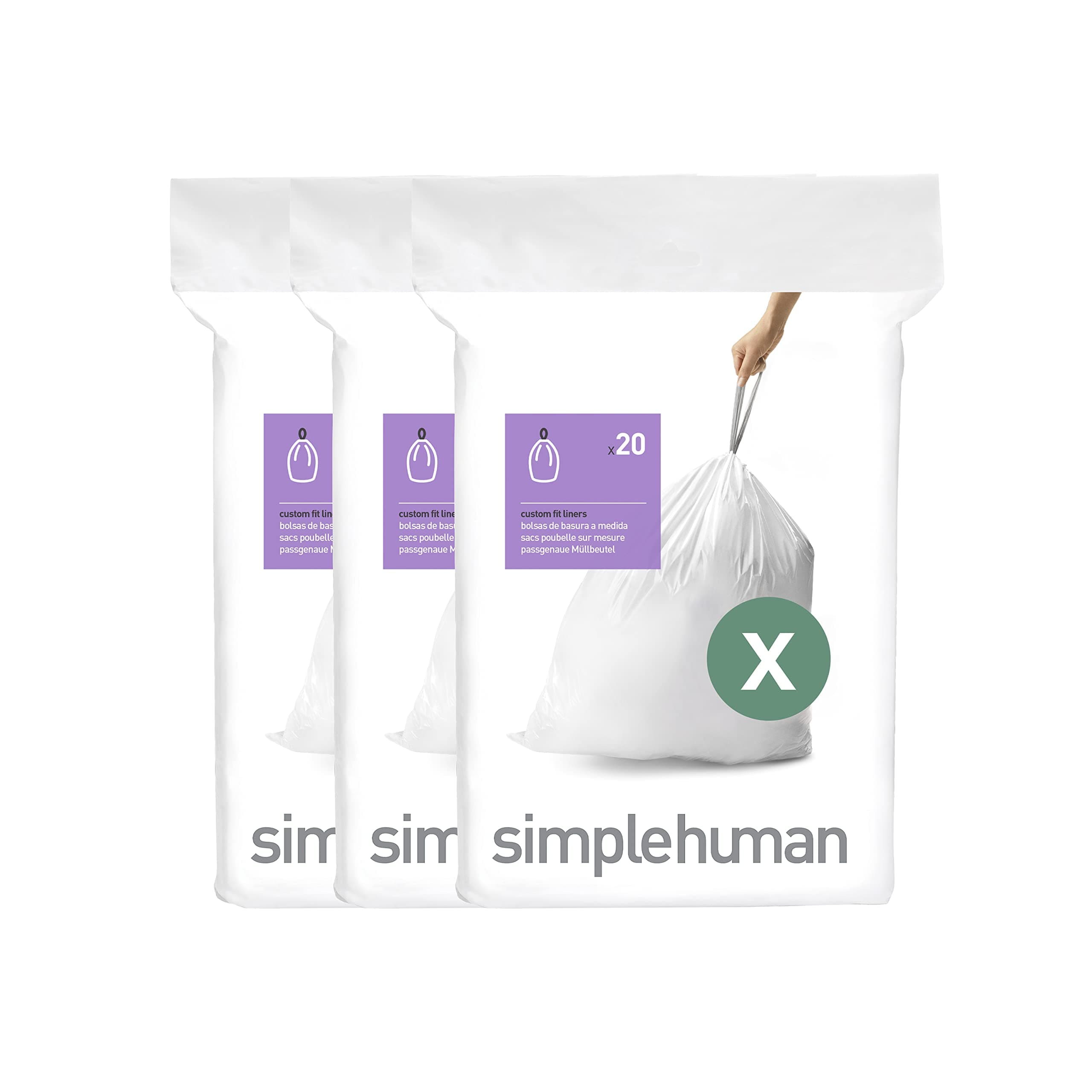simplehuman Code X 60 Count, Dispenser Pack Custom Fit Liners, Drawstring Trash Bags, 80 Liter / 21.1 Gallon, White