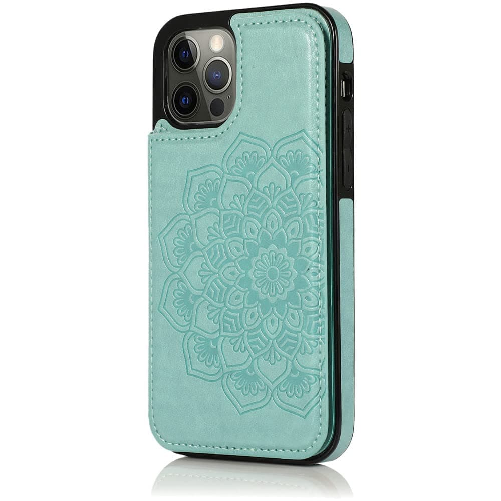 MyCellCovers for iPhone 13 Pro Luxury Side Magnetic Button Card Id Holder Pu Leather Case Cover - Teal Mandala Flower