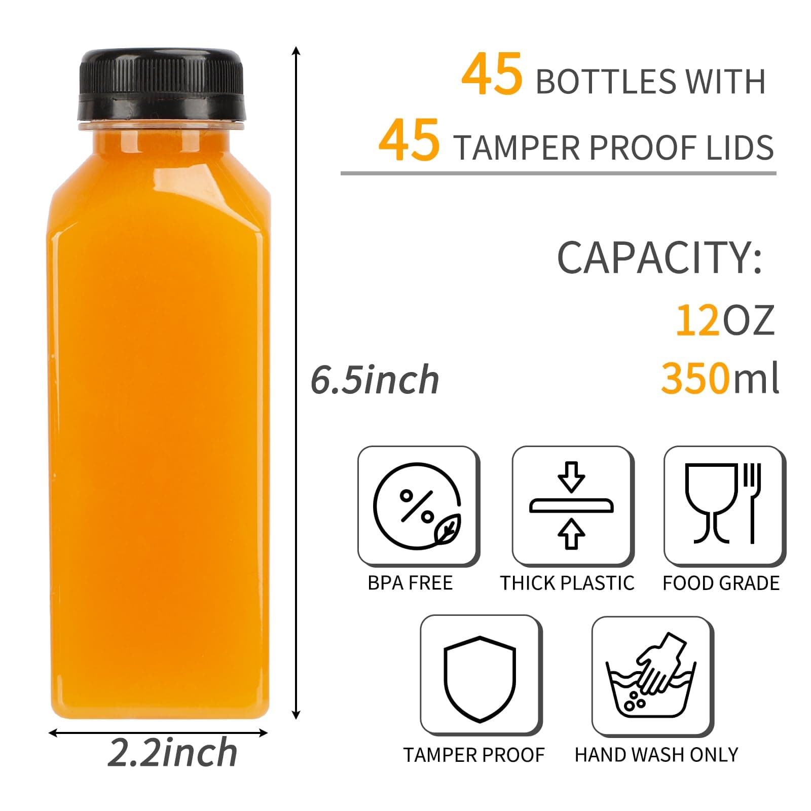 Tomnk 45pcs 12oz Plastic Juice Bottles with Lids Empty Reusable Clear Bottles with Label, Funnel and Brush Beverage Containers Bulk for Juicing, Smoothies, Tea, Milk, Drinking, Beverages
