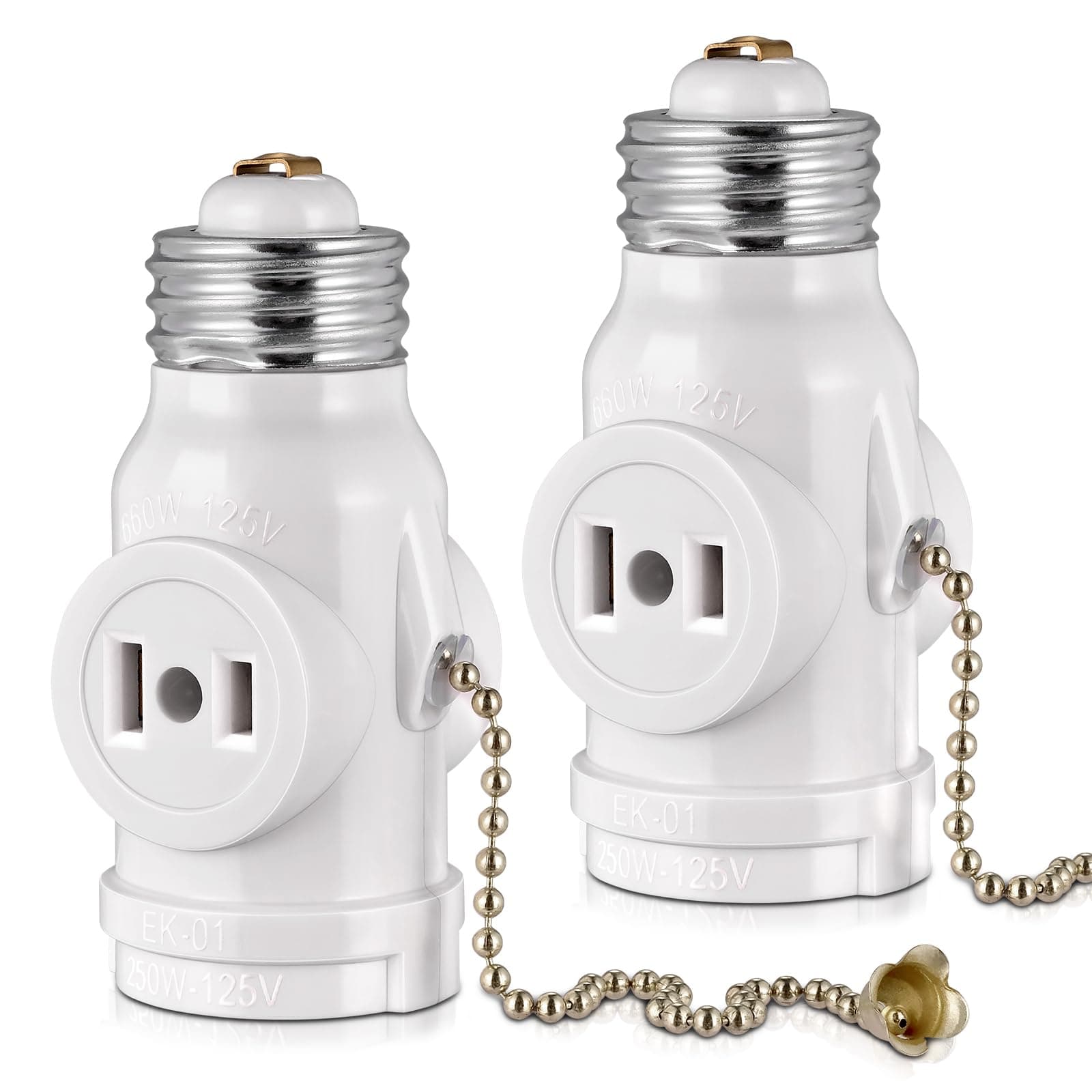 2 Outlet Light Socket Adapter, E26 Bulb Socket to Outlet Splitter,Converts Medium Screw Socket into a Socket with Two outlets,Polarized Outlet,with Pull Chain Switch. UL Listed, White (2-Pack)