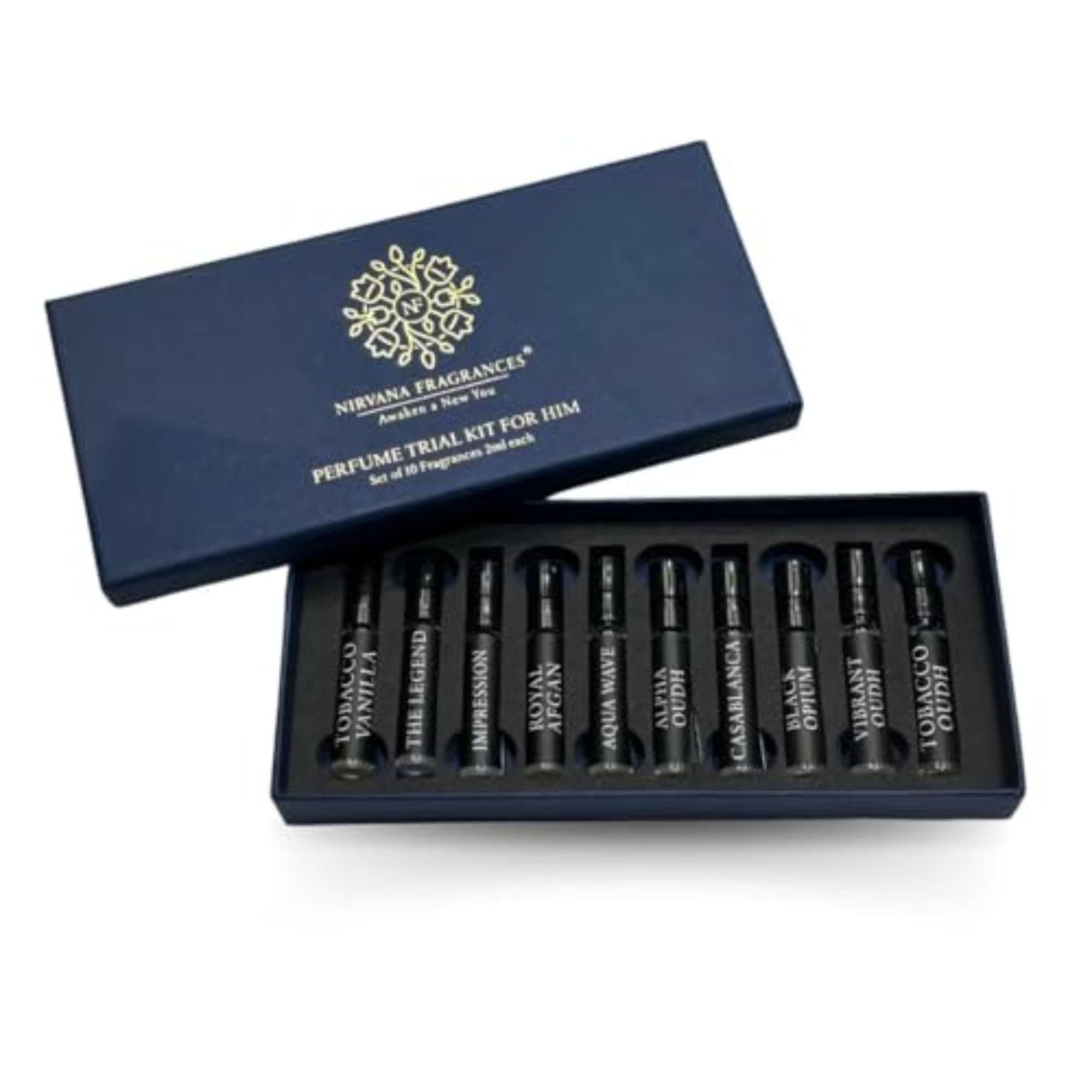 NIRVANA FRAGRANCES Mini Perfume Trial Kit, 10 x 2ml | Best Date Night Fragrances for men | Travel friendly perfume kit for all moods & occasions | Ideal gift for Men (Pack of 10)