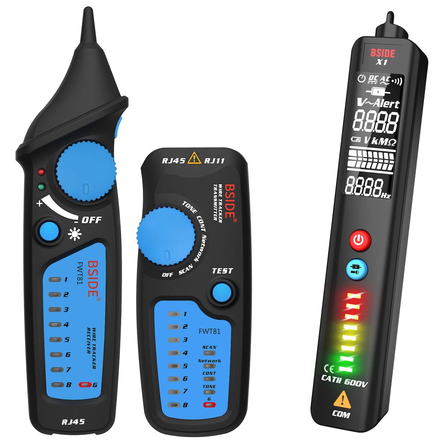 BSIDE Network Cable Tester & Voltage Detector Kit RJ45 RJ11 Wire Tracker Telephone Line Tester and EBTN Display Voltage Detector Combo Electrical Test Kit, Black