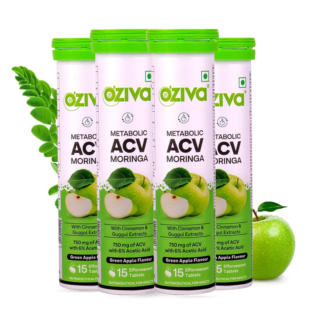 - OZiva ACV Moringa | Control Cravings I Apple Cider Vinegar, Cinnamon, Guggul I No Maltodextrin & No Added Sugar I 15 Effervescent Tablets - Green Apple, Pack of 4 (60 tablets).