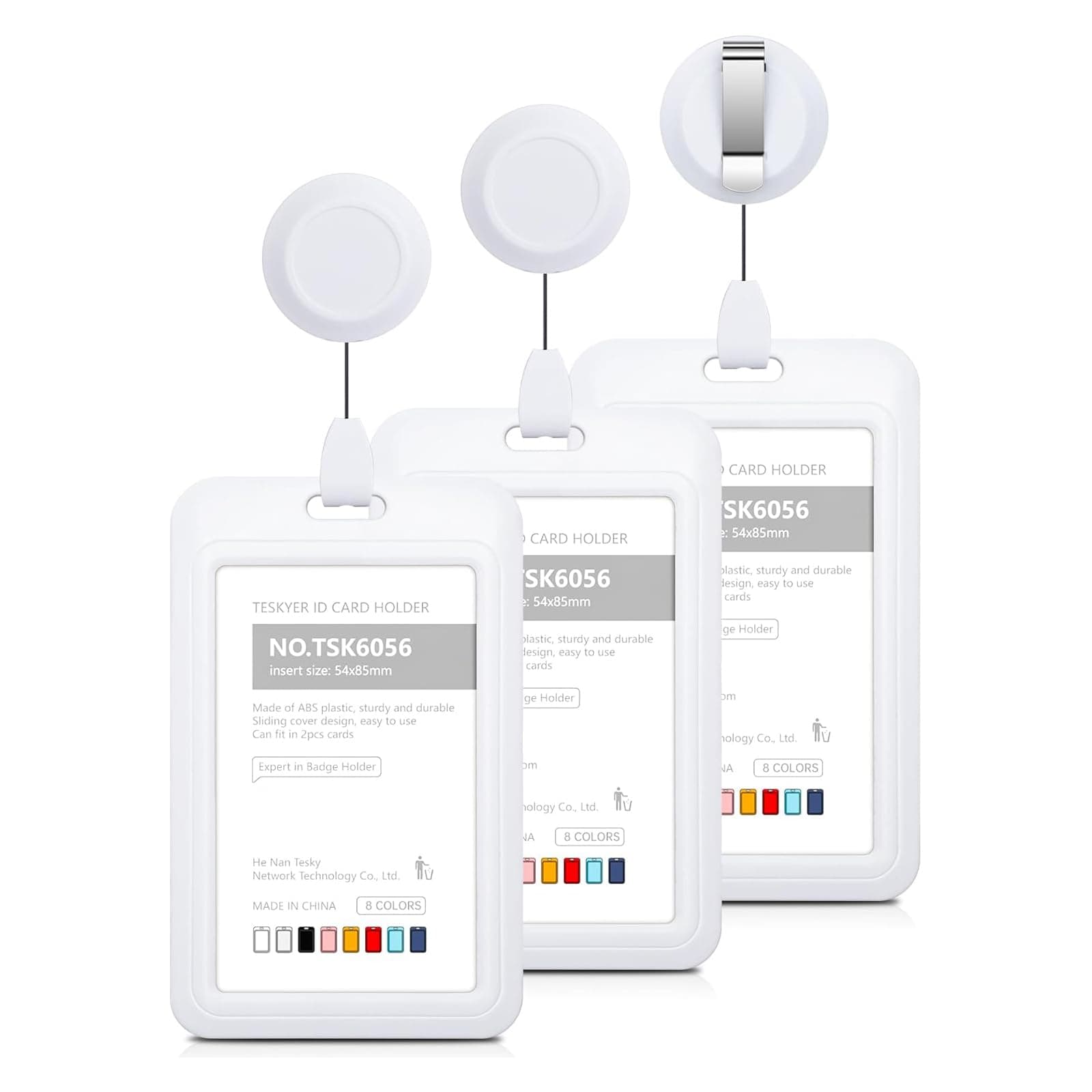 Id Badge Holders, 3 Pack Hard Plastic Sliding Holder With Retractable Reel Clips, Clear Card Holders For Hand-Held Student Id, Offices School (Vertical White)