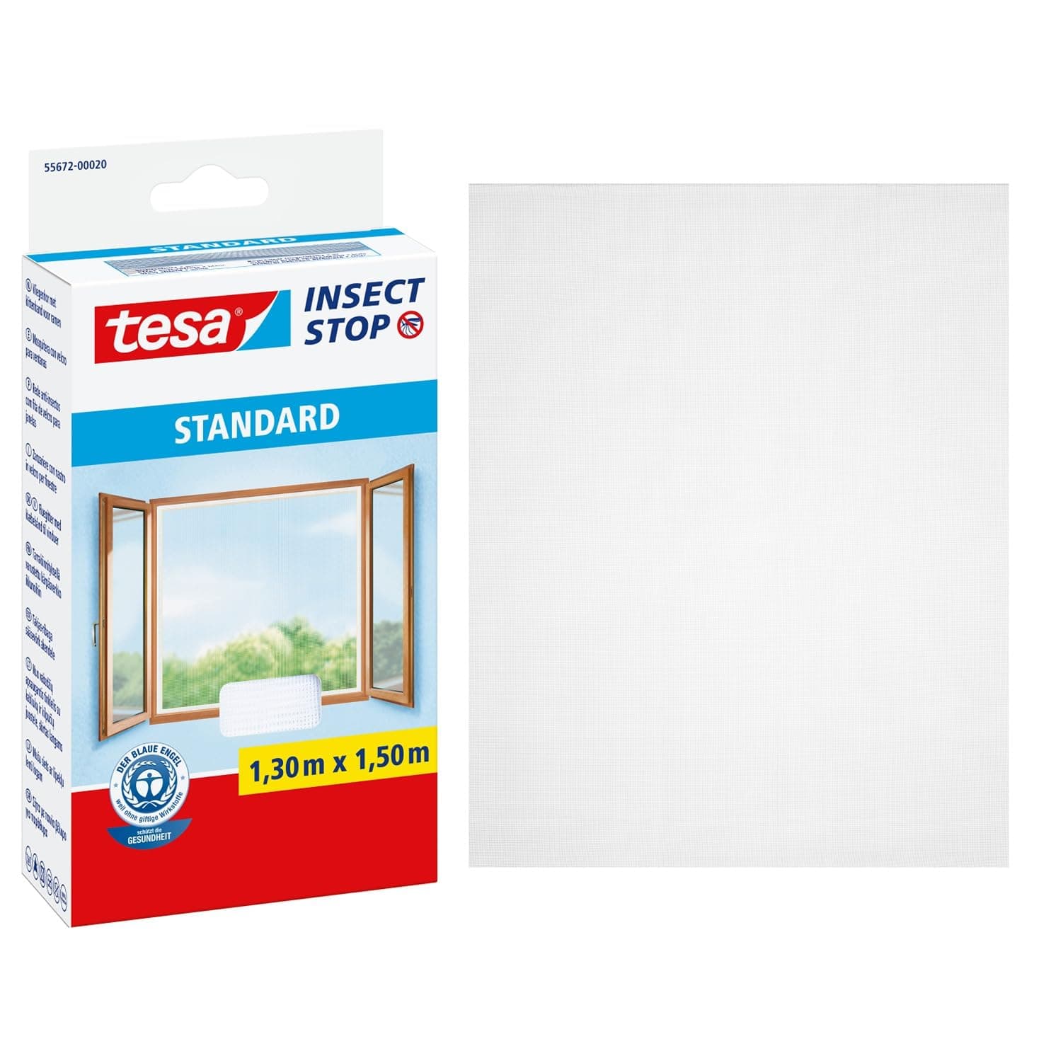 tesa Insect Stop Hook & Loop STANDARD for Windows - Self Adhesive Window Fly Screen - Cut to Desired Size - in White, 130 cm x 150 cm