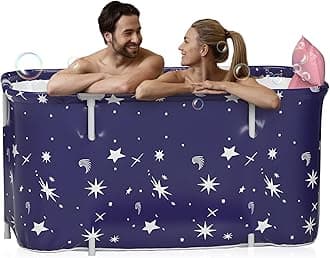 140x50X55CM Portable Foldable Bathtub for Adult, Large Soaking Bathtub with Cushion and Backrest, Hot Bath Ice Bath SPA Tub for Shower, Freestanding Bath tub for Adults Kids, Starry Blue