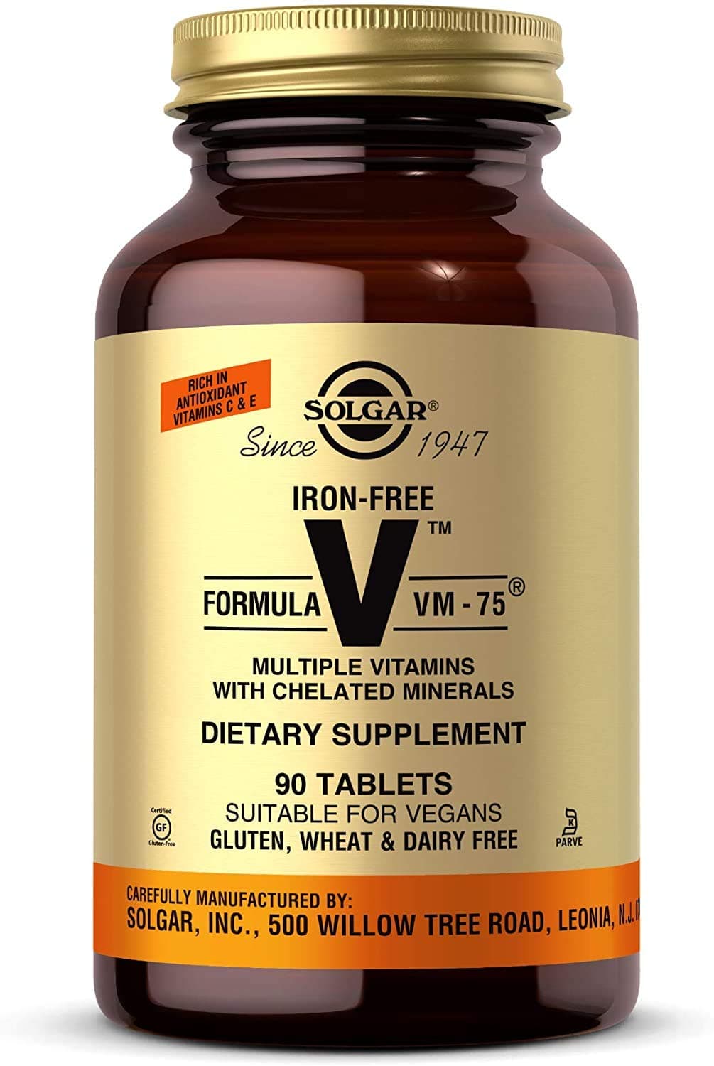 Iron-Free Formula VM-75, 90 Tablets - Multivitamin with Chelated Minerals - Vitamin A, B6, B12, C, D, E - Biotin, Magnesium, Calcium, Zinc - Vegan, Gluten & Dairy Free, Kosher - 90 Servings