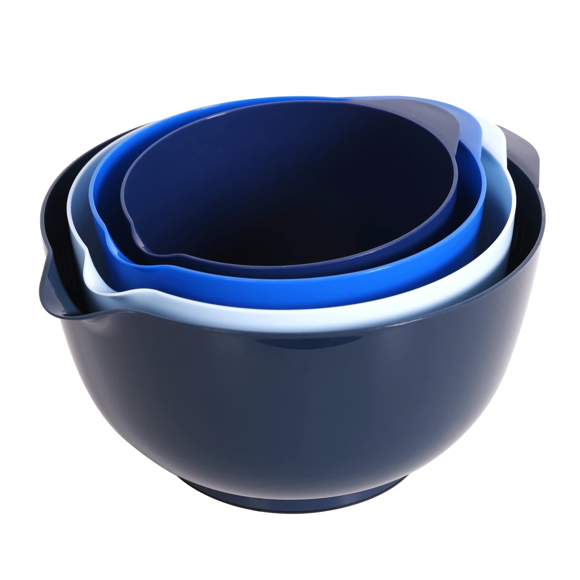 Nesting Plastic Mixing Bowl Set With Pour Spout, Microwave and Dishwasher Safe, BPA free Non-Slip Base, Set of 4 Size 1.7, 2.5, 3.5 and 4.5qt, Great for Prepping, Baking, Cooking (Dark Blue)