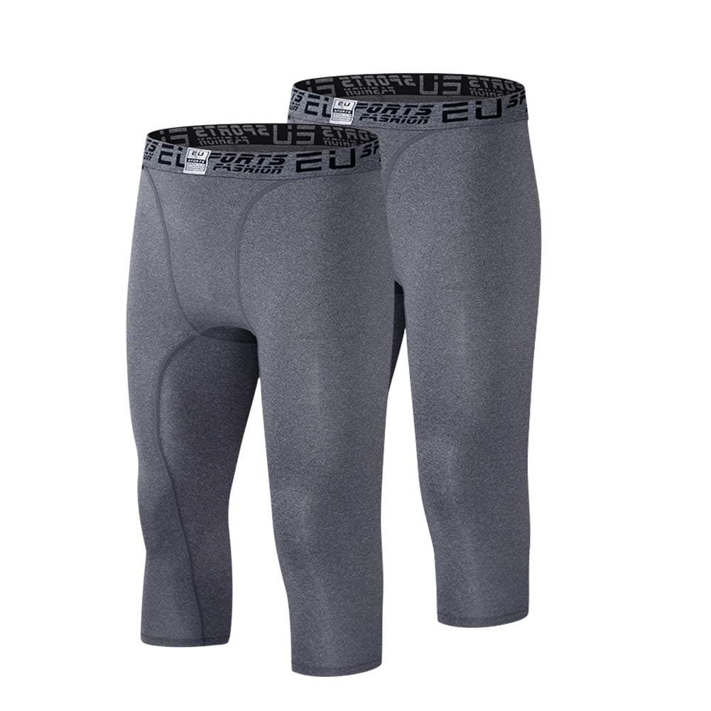 BOOMLEMON Men's 2 Packs Capri Compression 3/4 Base Layer Pants Running Sport Slim Fit Leggings(Grey M/Tag XL)