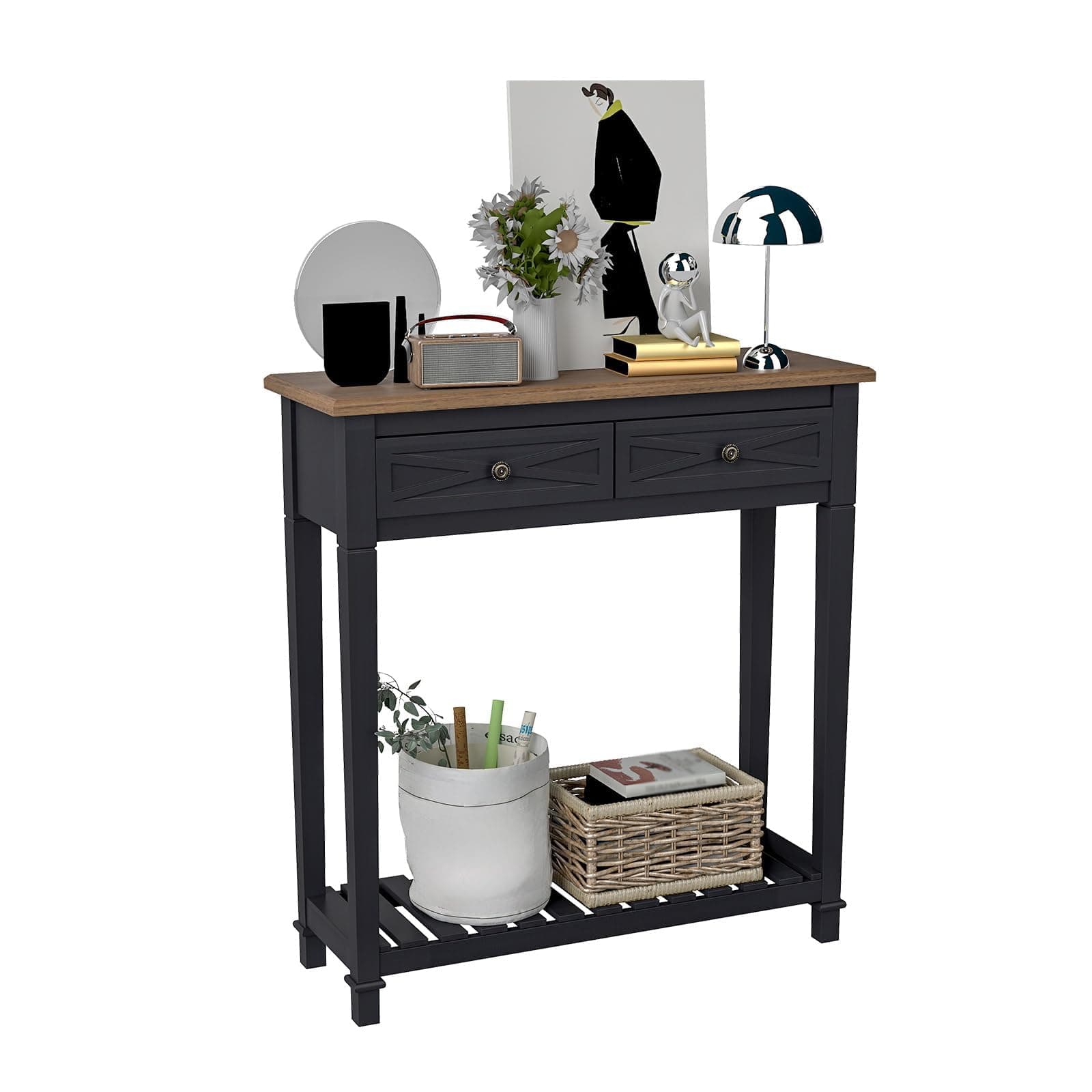 Narrow Console Table with Shelf ＆ Drawers Small Entryway Table Hallway Table for Entryway Living Room Bedroom Foyer Office Black