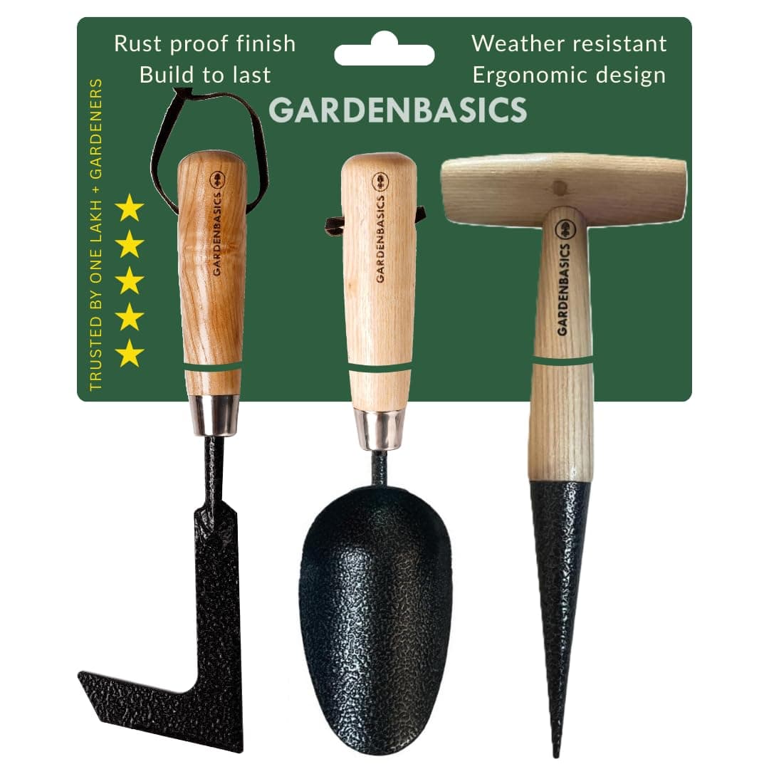 3 PCS Gardening Tools Kit for Home Garden | Rust Proof Garden Tool Set | Heavy Duty | Wooden Handle | Farming Tools for Indoor & Outdoor Use | Potting Soil Scoop, Patio Weeder & Dibber