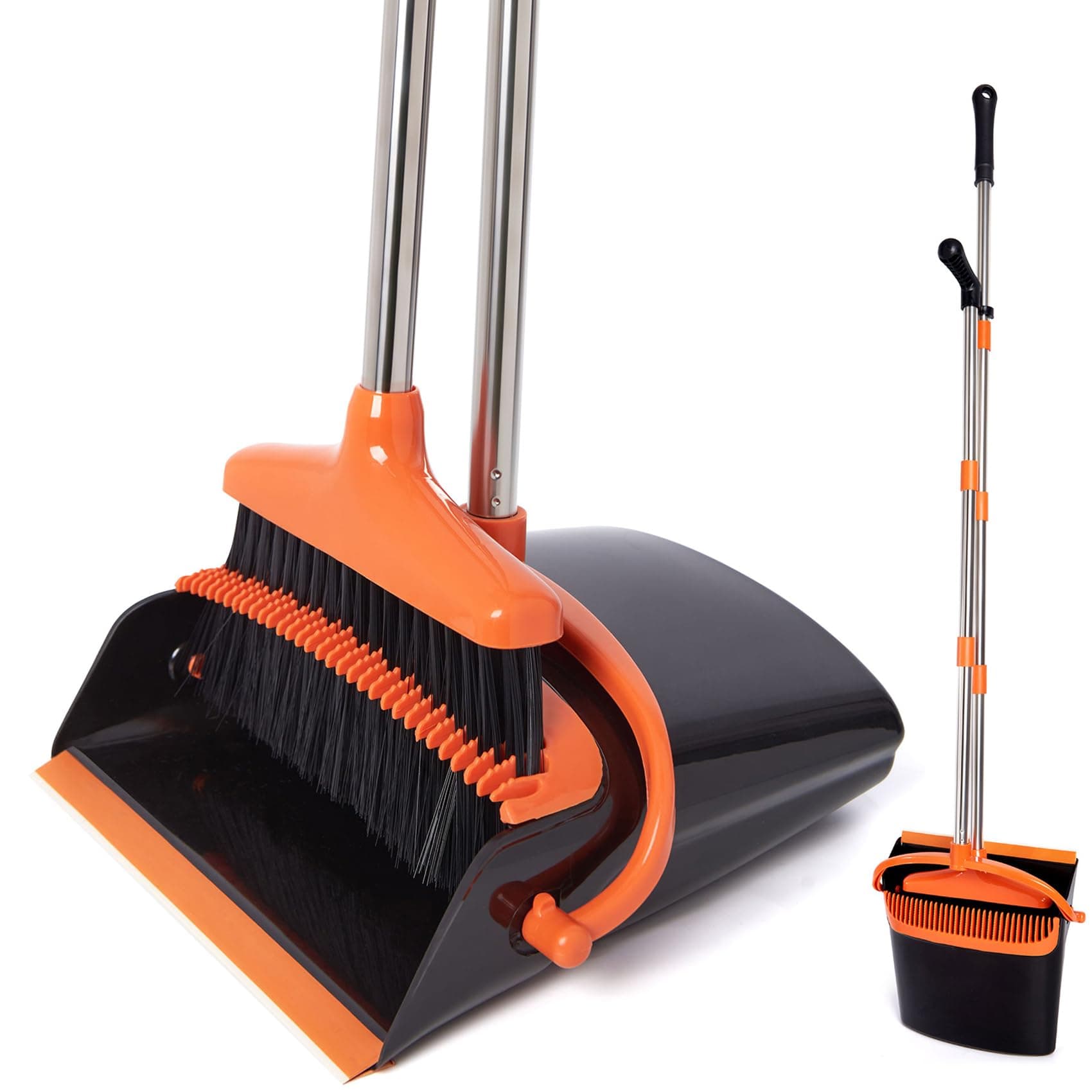 Broom and Dustpan Set with Long Handle, Light Weight Stainless Steel Poles Stand Upright Dustpans with Broom Combo for Home Kitchen Office Pet Dog Hair, Black & Orange Color, 1-Pack