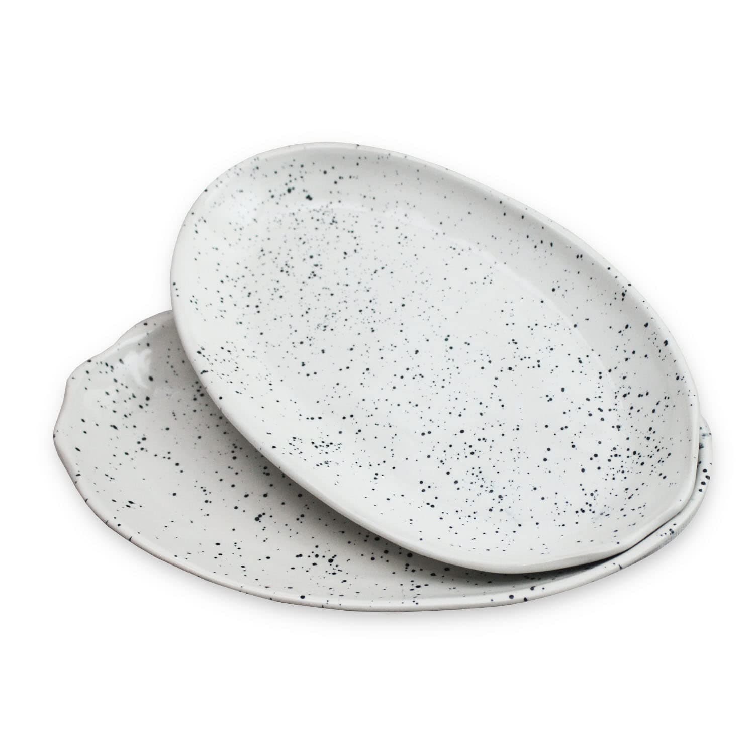 ROROCeramic Stoneware Handmade Glossy Speckled Spotted Oval White Dinner Plates set of 2, for dining and serving
