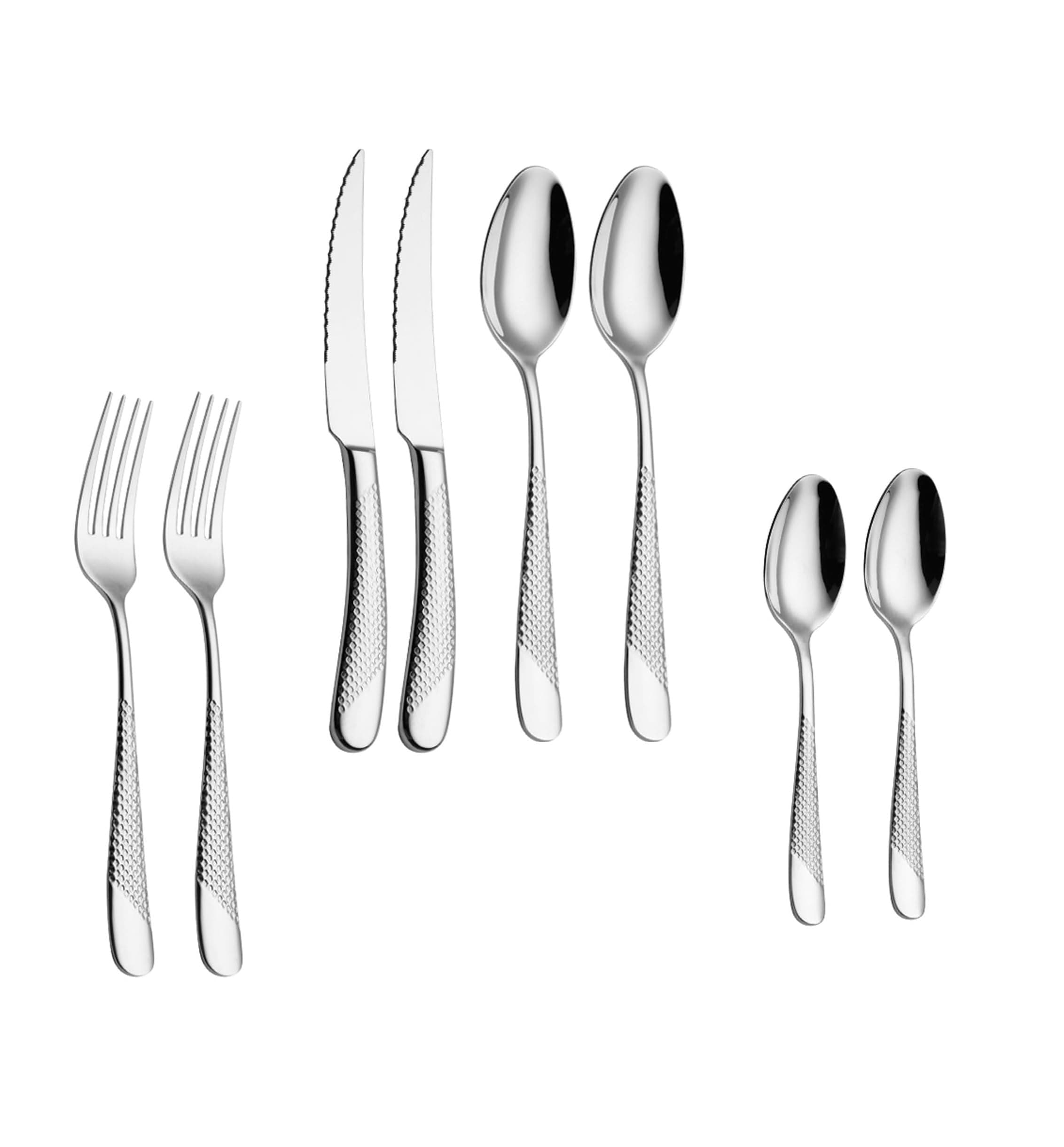 Mirror Finish Silver Plated Stainless Steel Flatware Set Copper Silverware Set Rose Gold Spoon Color Cutlery Set [Dinner Fork-Tea Spoon-Salad Spoon-Knife] Set of (Silver DOT, 8)