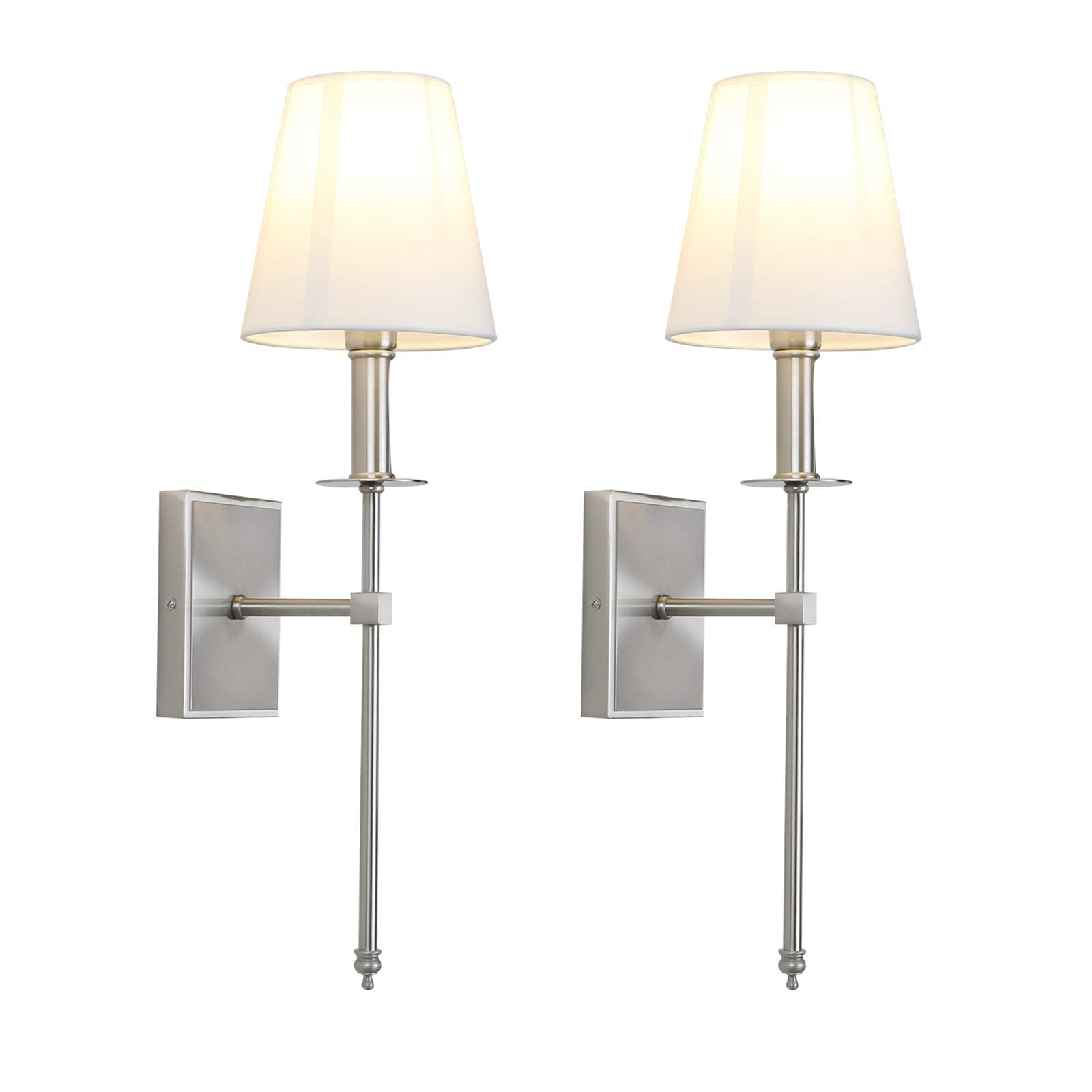 PERMO Set of 2 Classic Rustic Industrial Wall Sconce Lighting Fixture with Flared White Textile Lamp Shade and Brushed Tapered Column Stand, Hardwired, E26 Base
