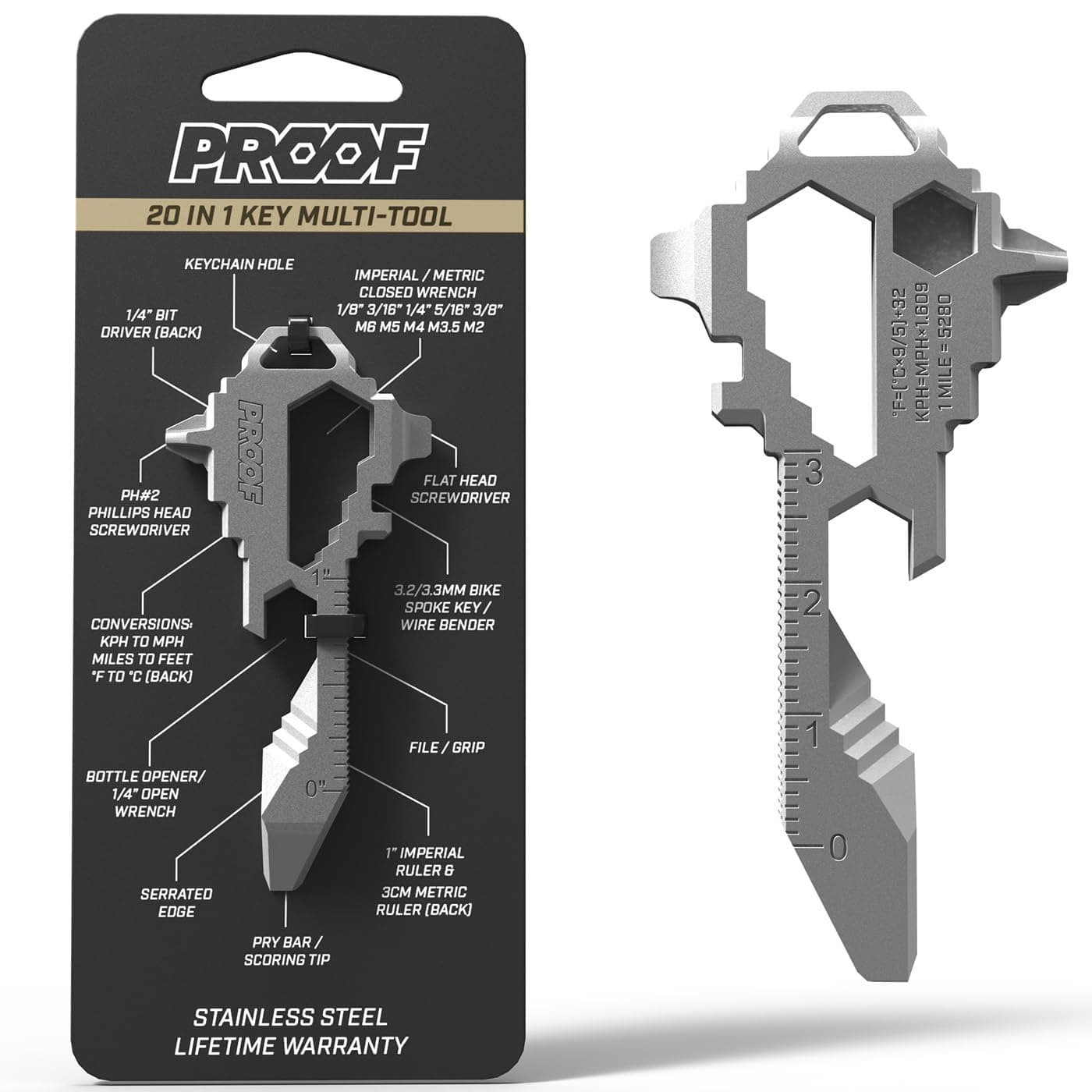 PROOF Keychain Pocket Multitool | Stainless Steel Utility Tool | EDC Gadget | 20 in 1 Keychain Tool | TSA Safe | Bottle Opener | Veteran Owned