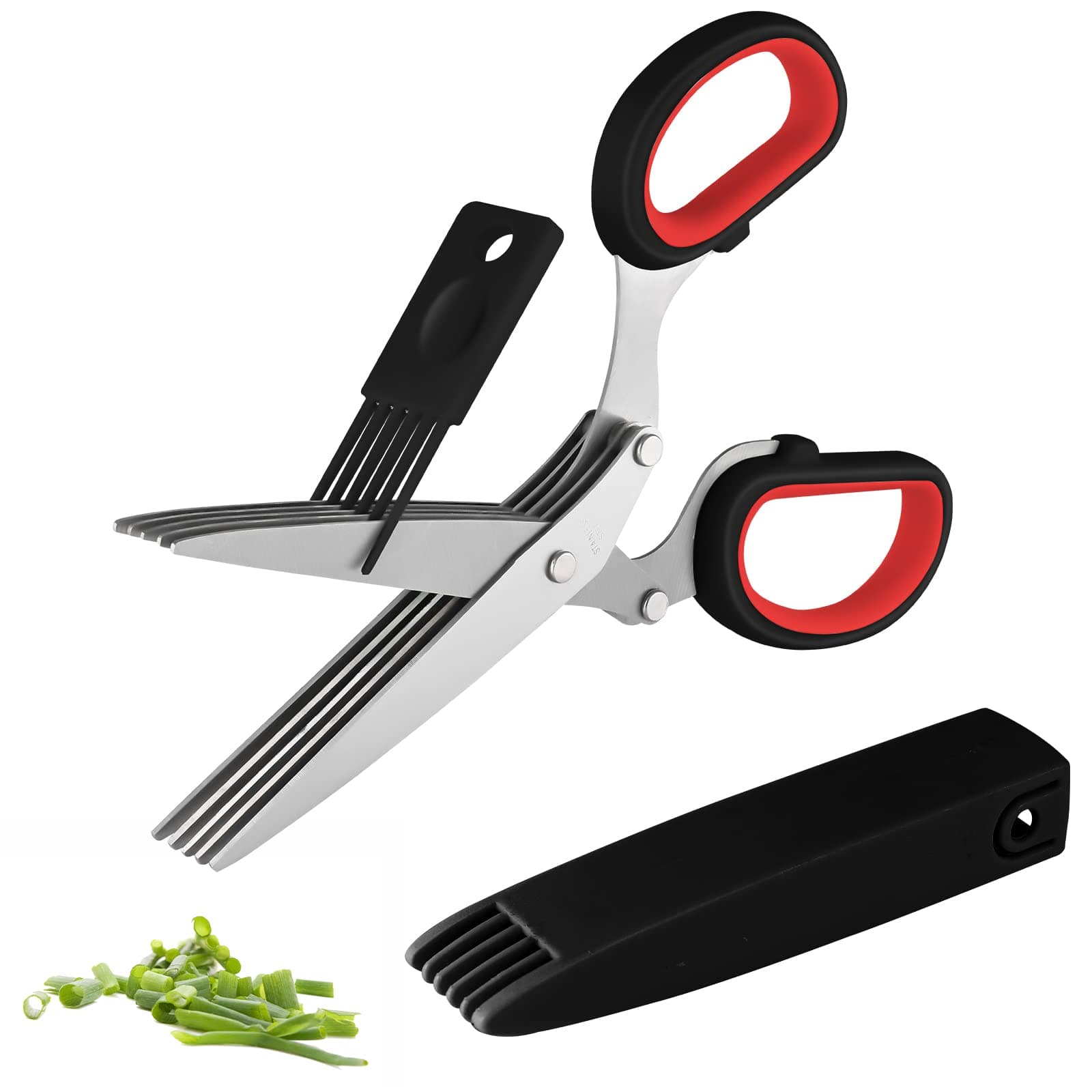 Joyoldelf Gourmet Herb Scissors Set - Master Culinary Multipurpose Cutting Shears with Stainless Steel 5 Blades, Safety Cover and Cleaning Comb for Cutting Cilantro Onion Salad